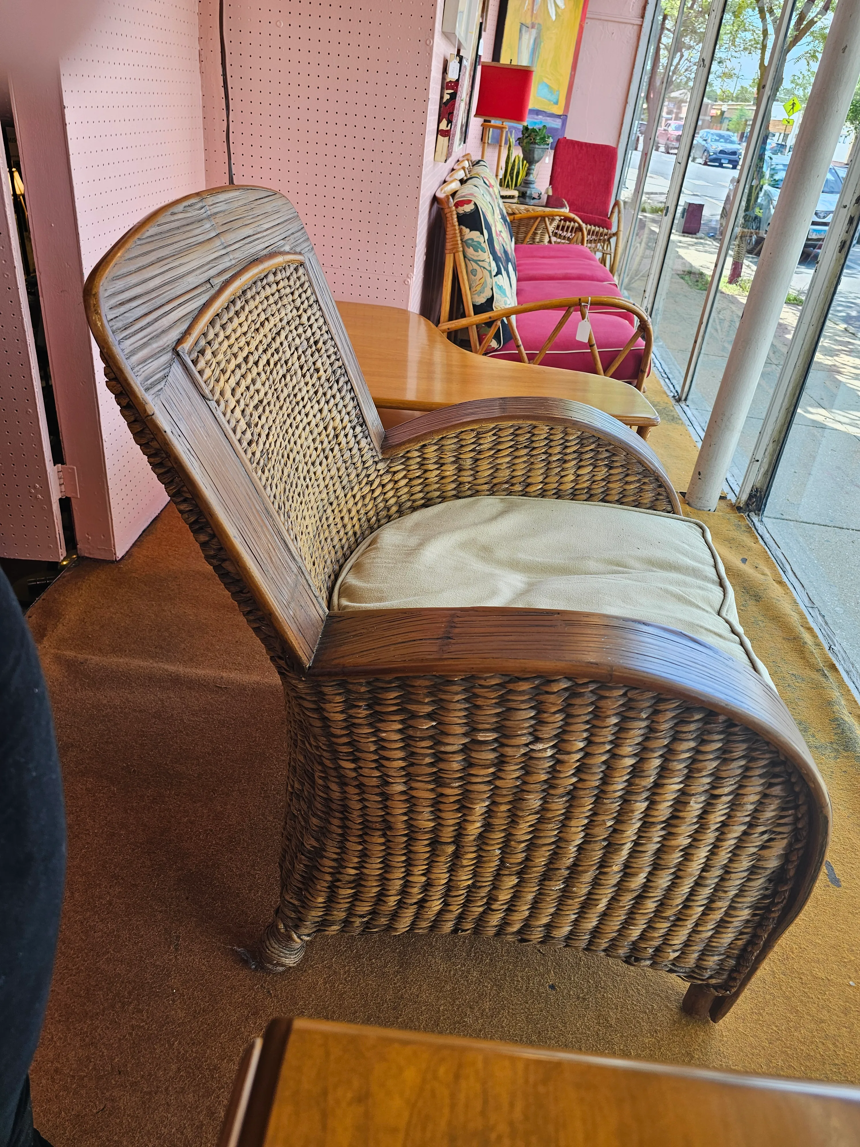 Contemporary Pier Seagrass and Wood Lounge Chair