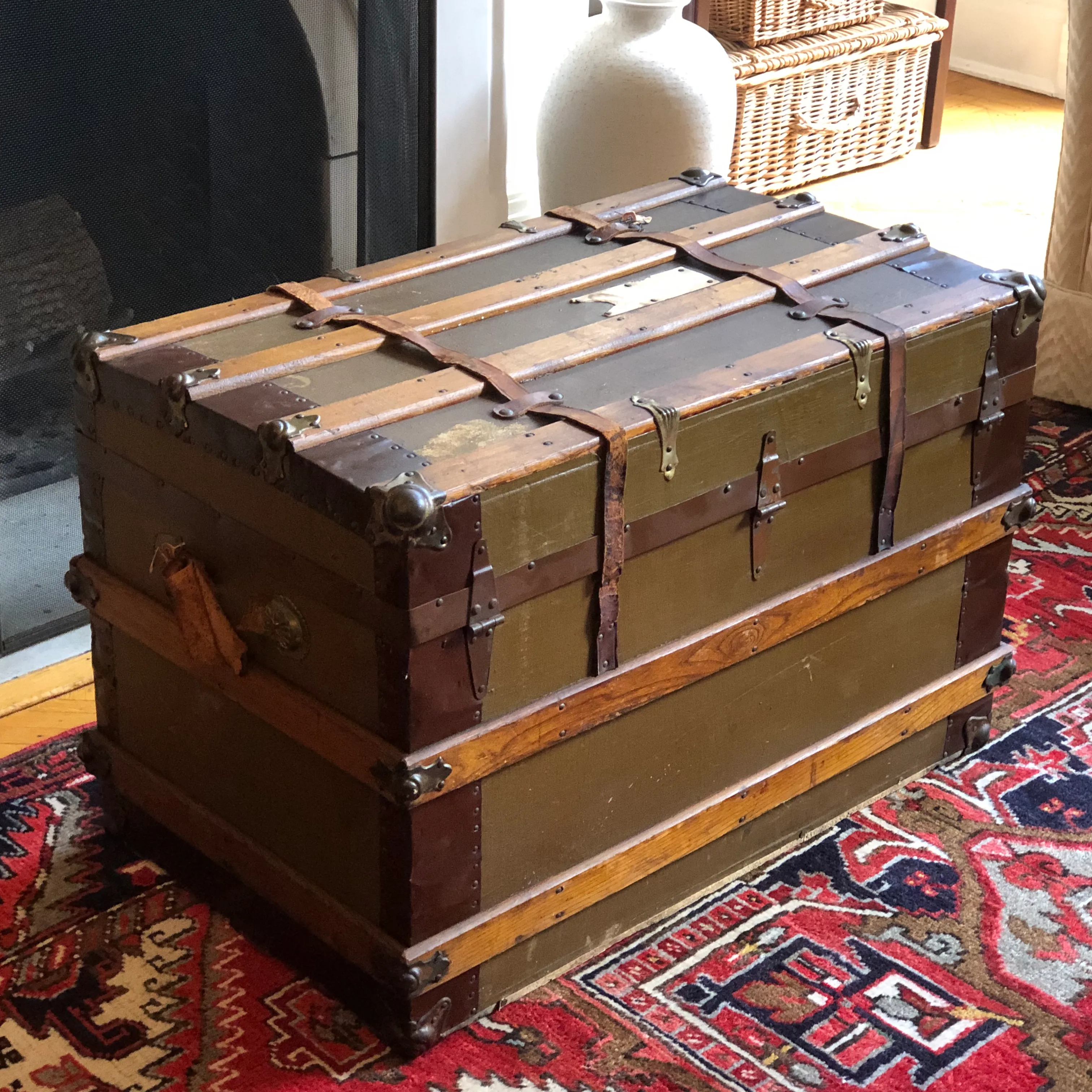 Large Antique Wood Travel Trunk | Chairish