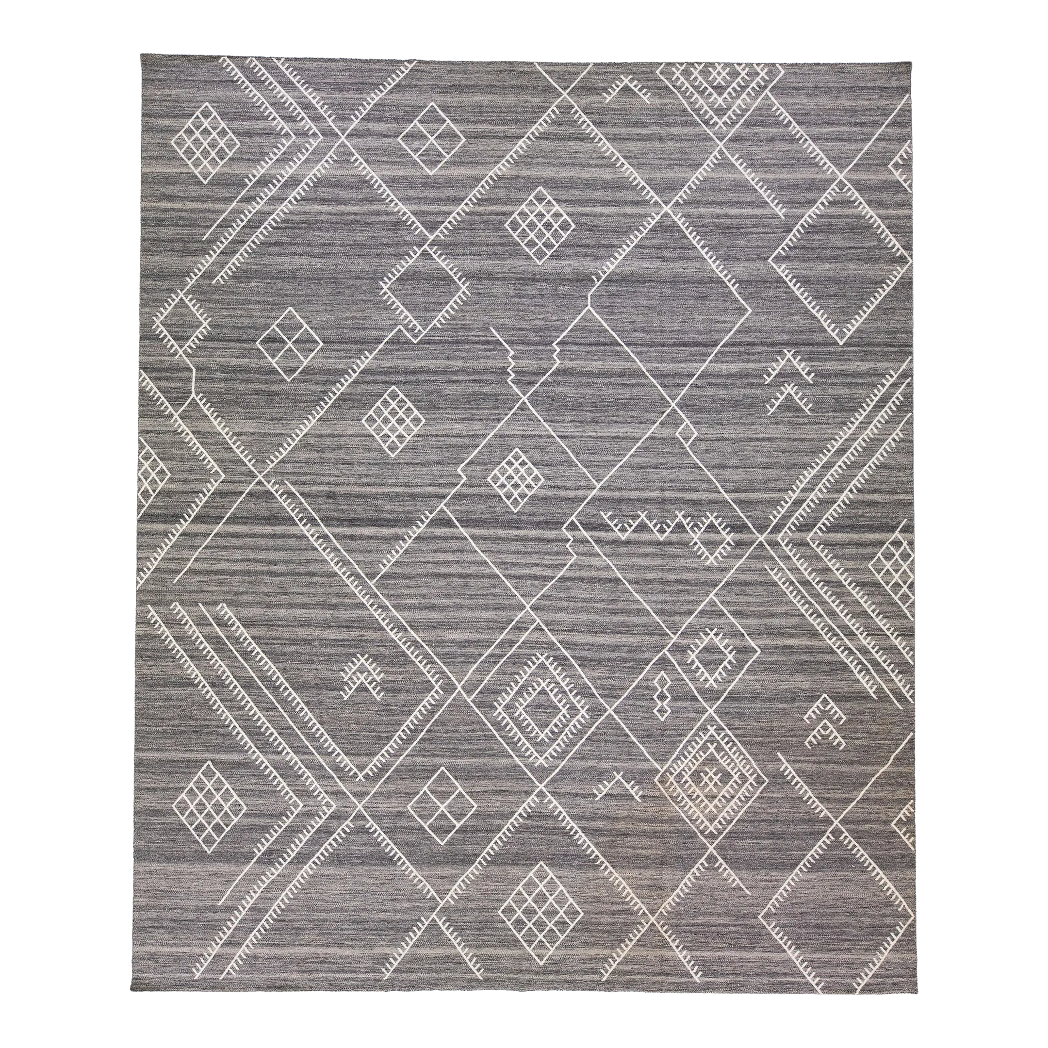 Early 21st Century Modern Oversize Flatweave Kilim Wool Rug With White Geometric Motif by Apadana