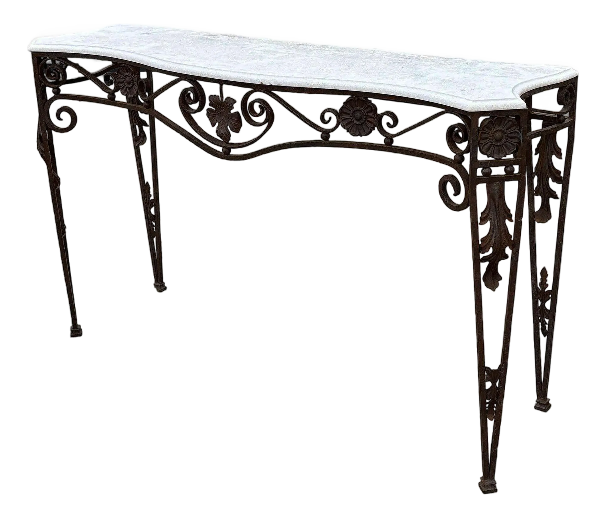 20th Century Neo-Gothic Bronze Colored Cast Iron Console W/ Carrara Marble Top