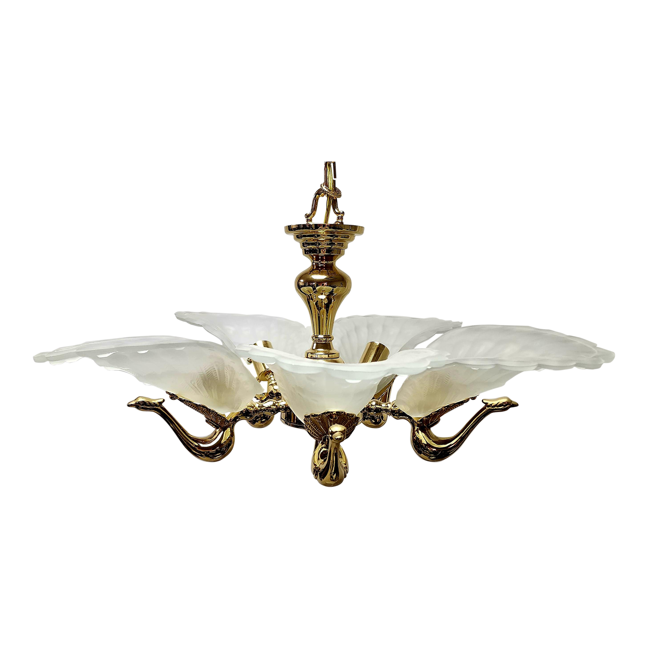 Midcentury Chandelier With Golden Bronze Glass Peacock Sculptures
