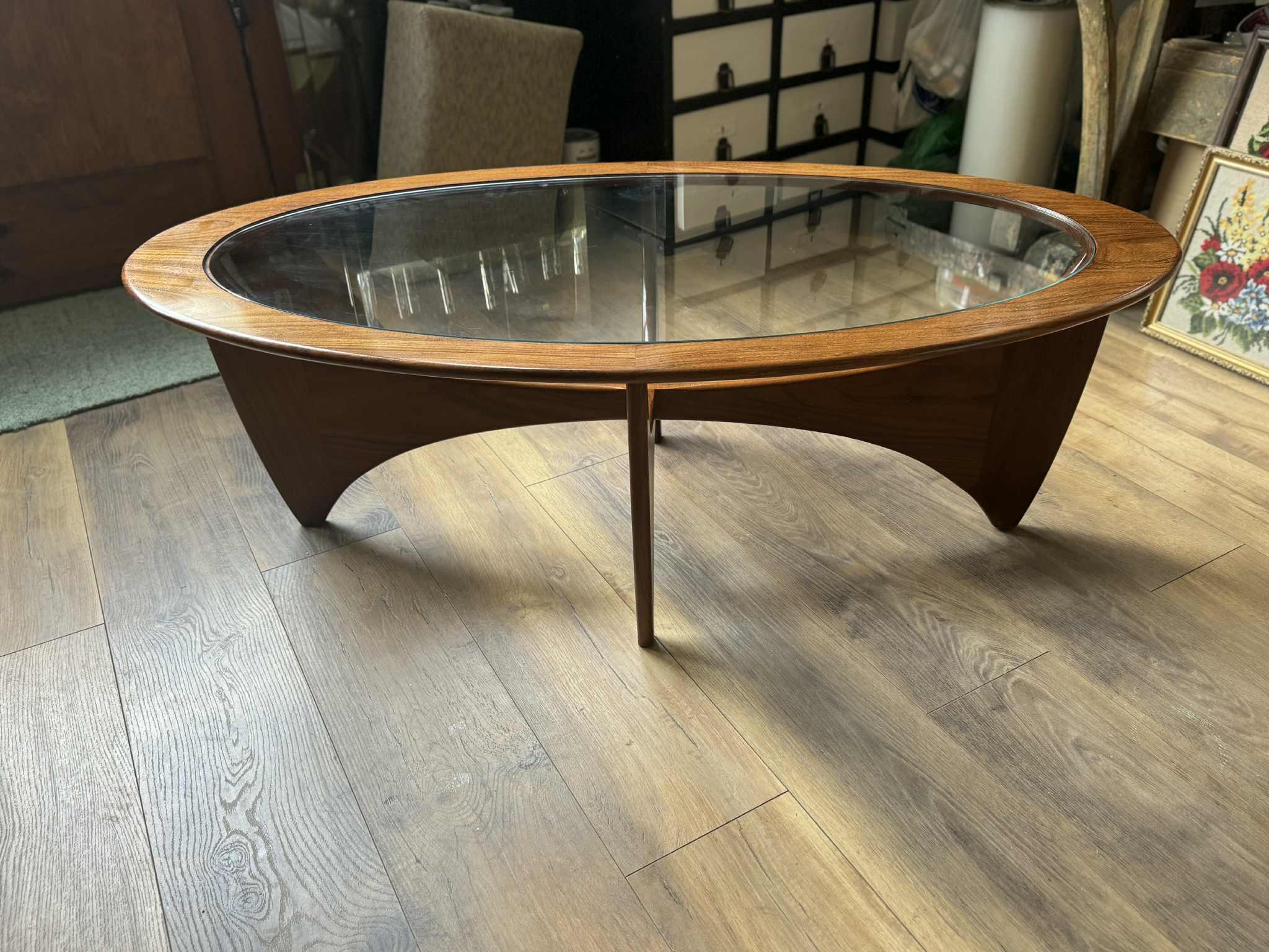 Oval Astro Coffee Table in Teak with Glass Top by Victor