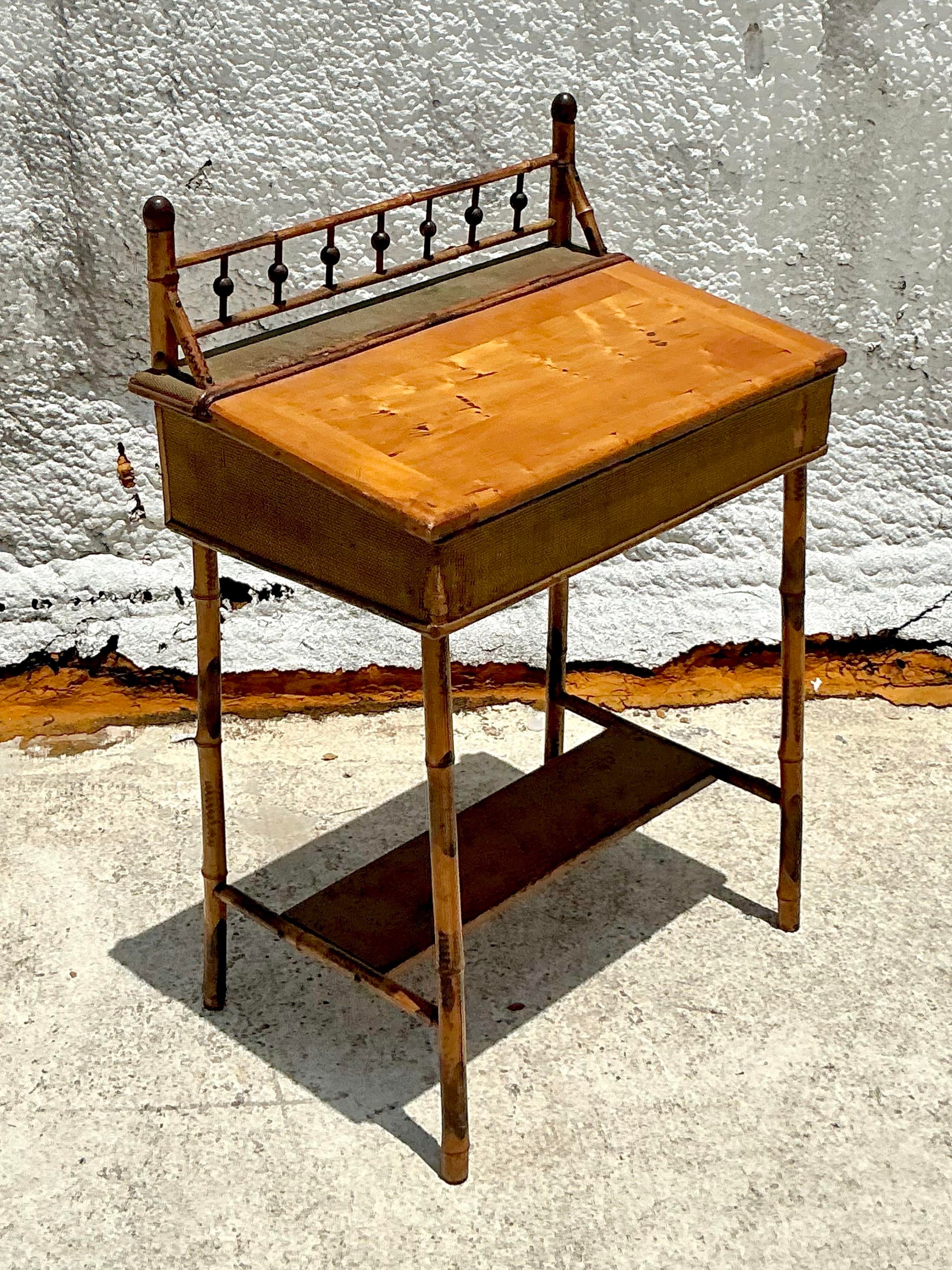 Vintage Boho Rattan Lift Top Desk | Chairish