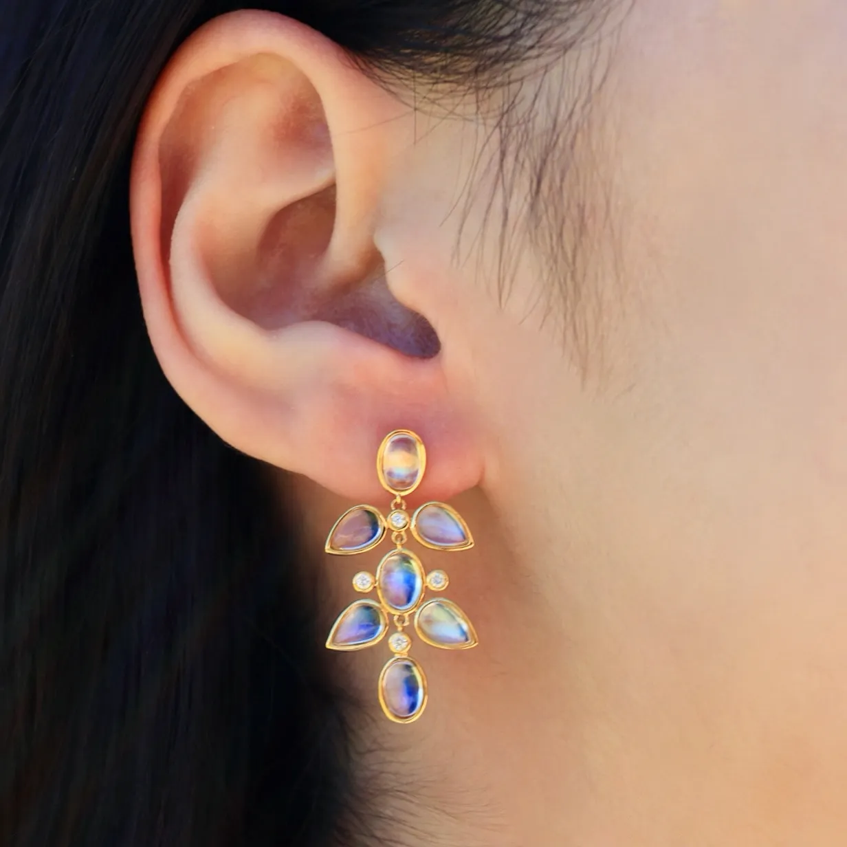 Nina Zhou Rainbow Moonstone Diamond Chandelier Drop Earrings
