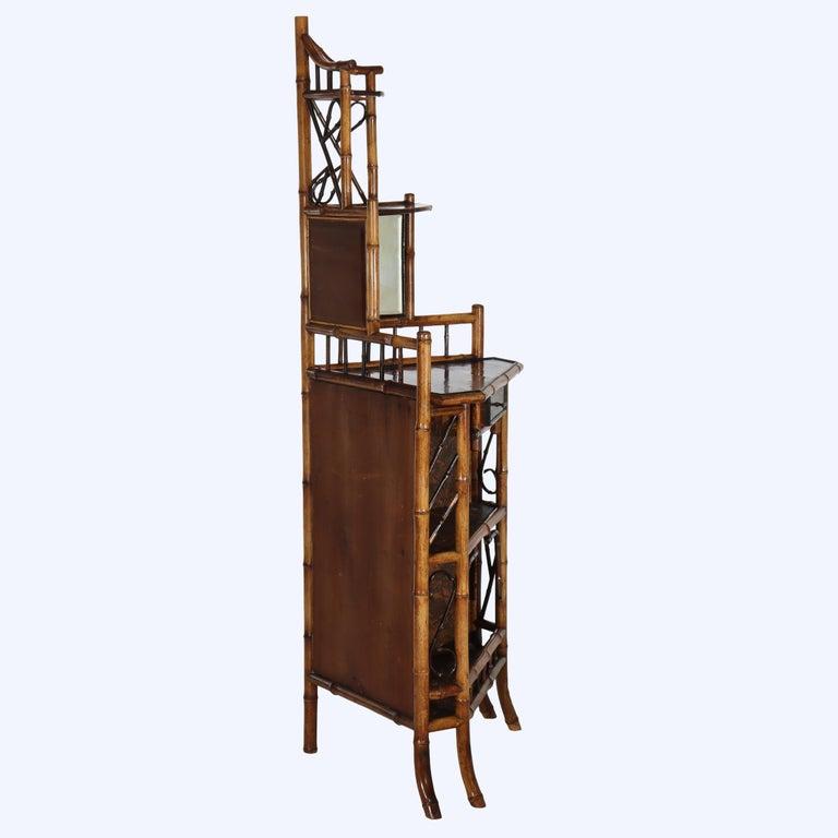 Antique Asian Bamboo Corner Etagere With Floral Leather Tooling & Mirror C1890