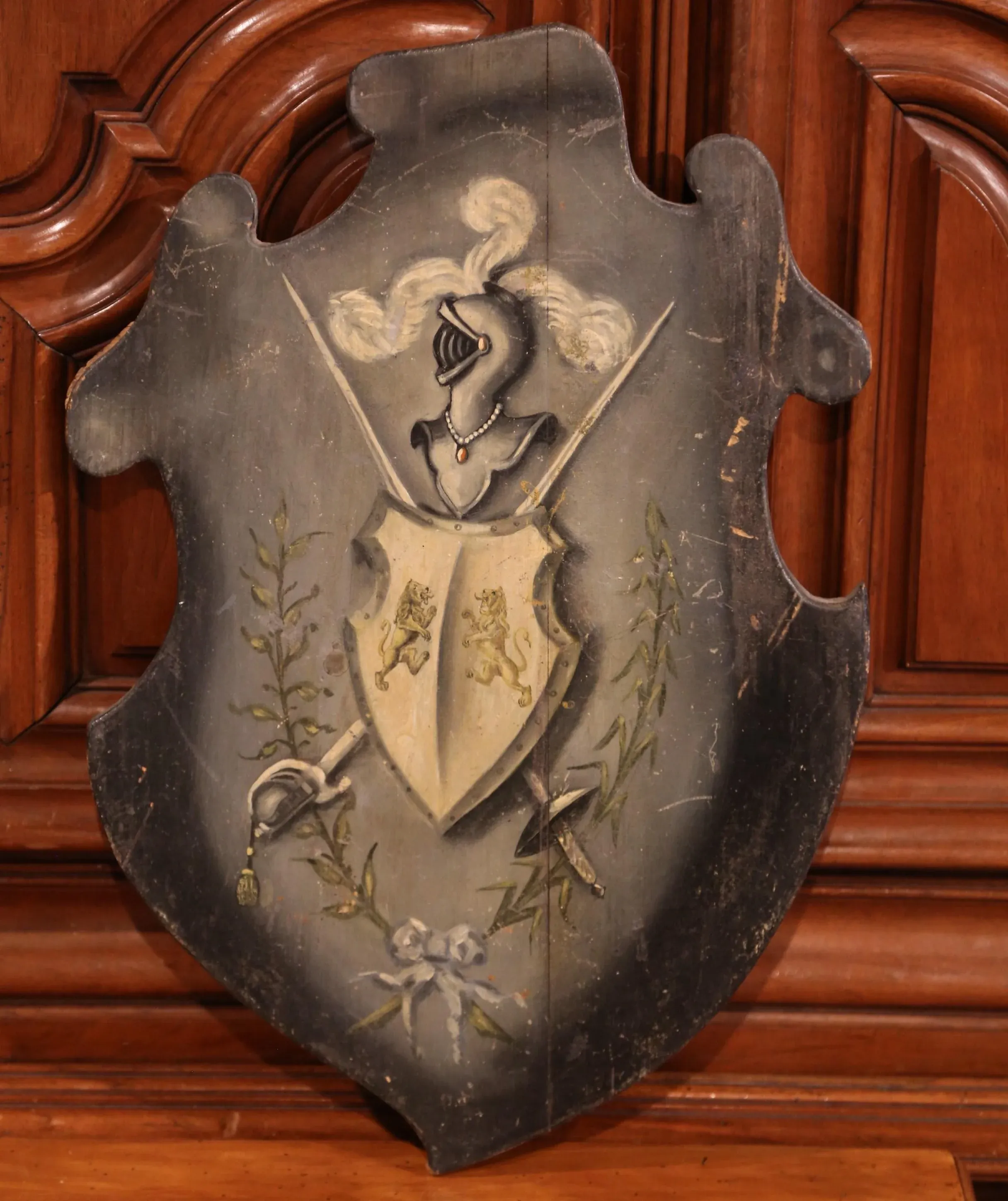 19th Century French Carved Painted Wall Hanging Shield With Family Crest