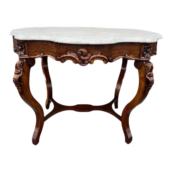 Early 20th Century Antique Victorian Rococo Style Walnut Marble Top