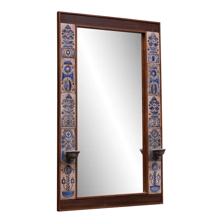 1960s Large Danish Modern Wall Mirror in Rosewood + Ceramic Art Tile