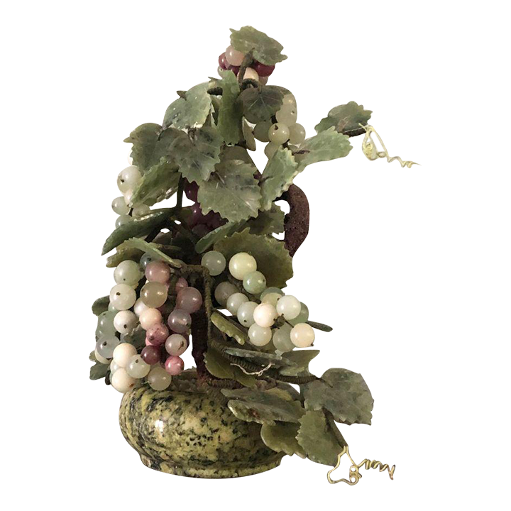Antique Oriental Asian Carved Jade Grapevine Tree With Jade Vase, Gemstone Jade Tree Sculpture