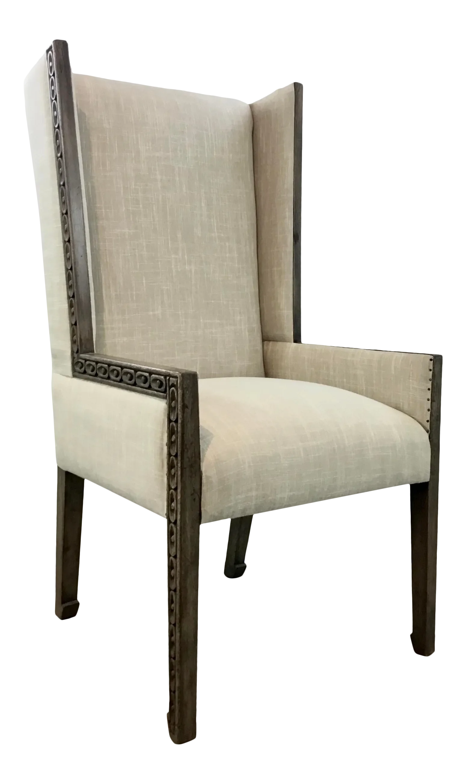 Transitional Carved Wood Linen Wingback Chair Chairish