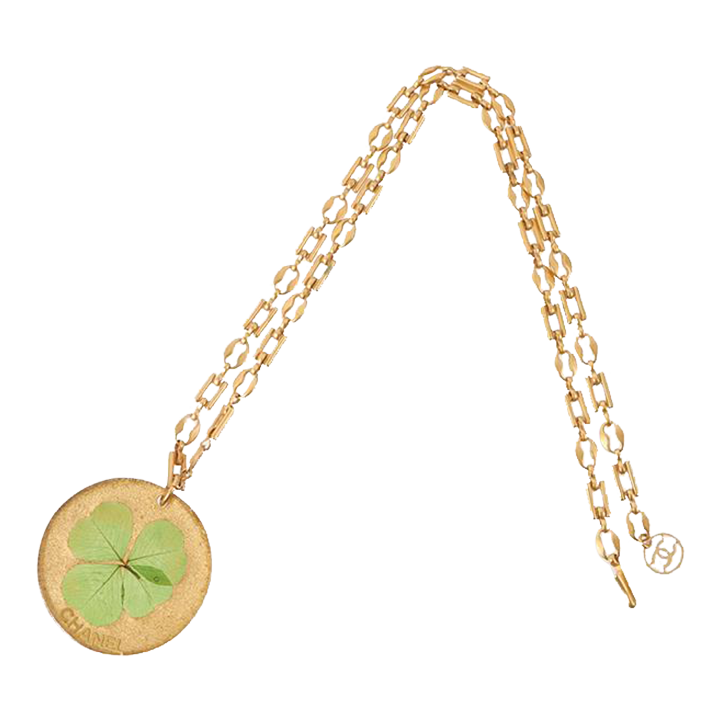 Chanel Clover Round Logo Plate Necklace Green