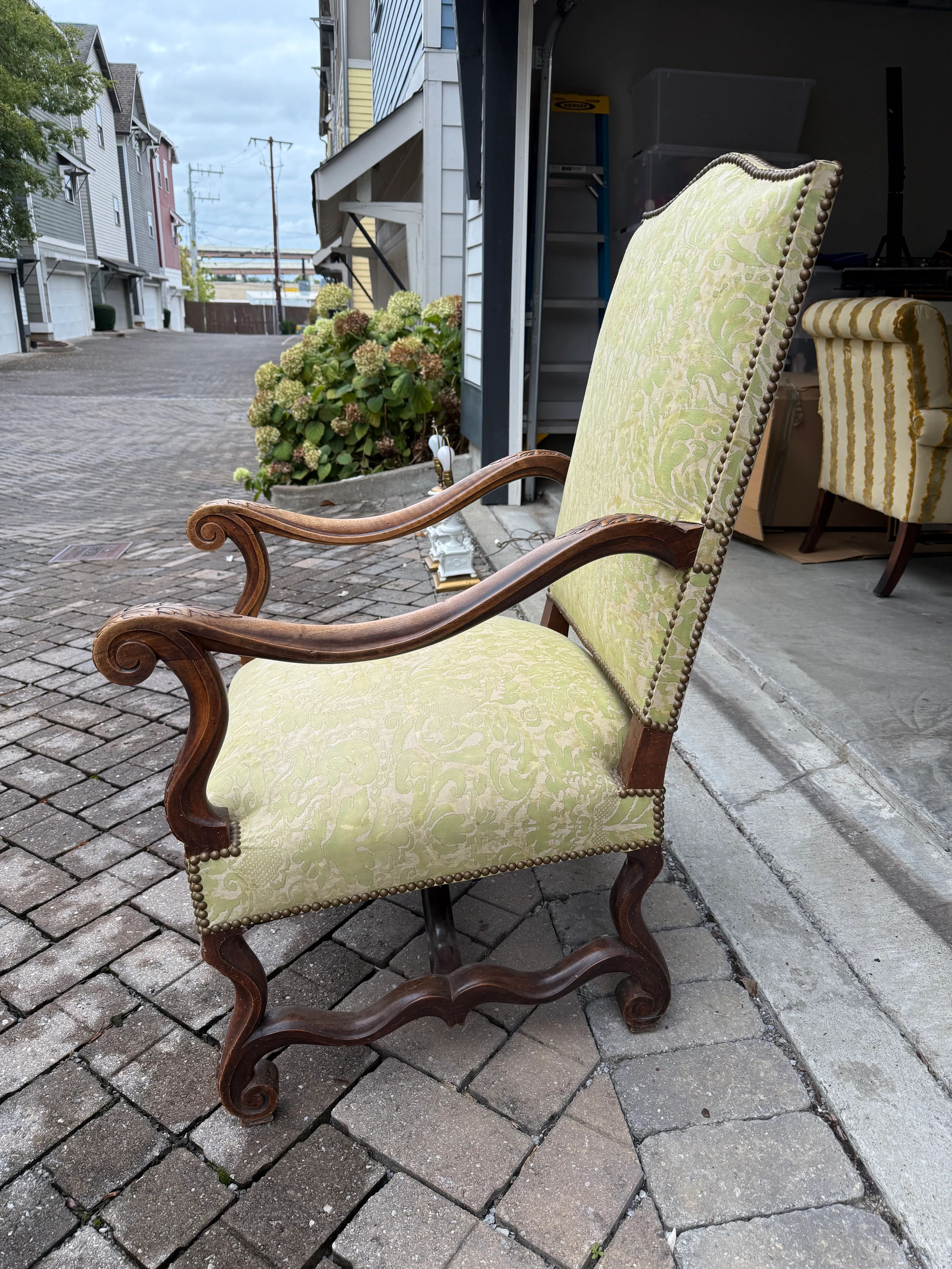 Antique Os De Mouton Chair in Green Fortuny Fabric