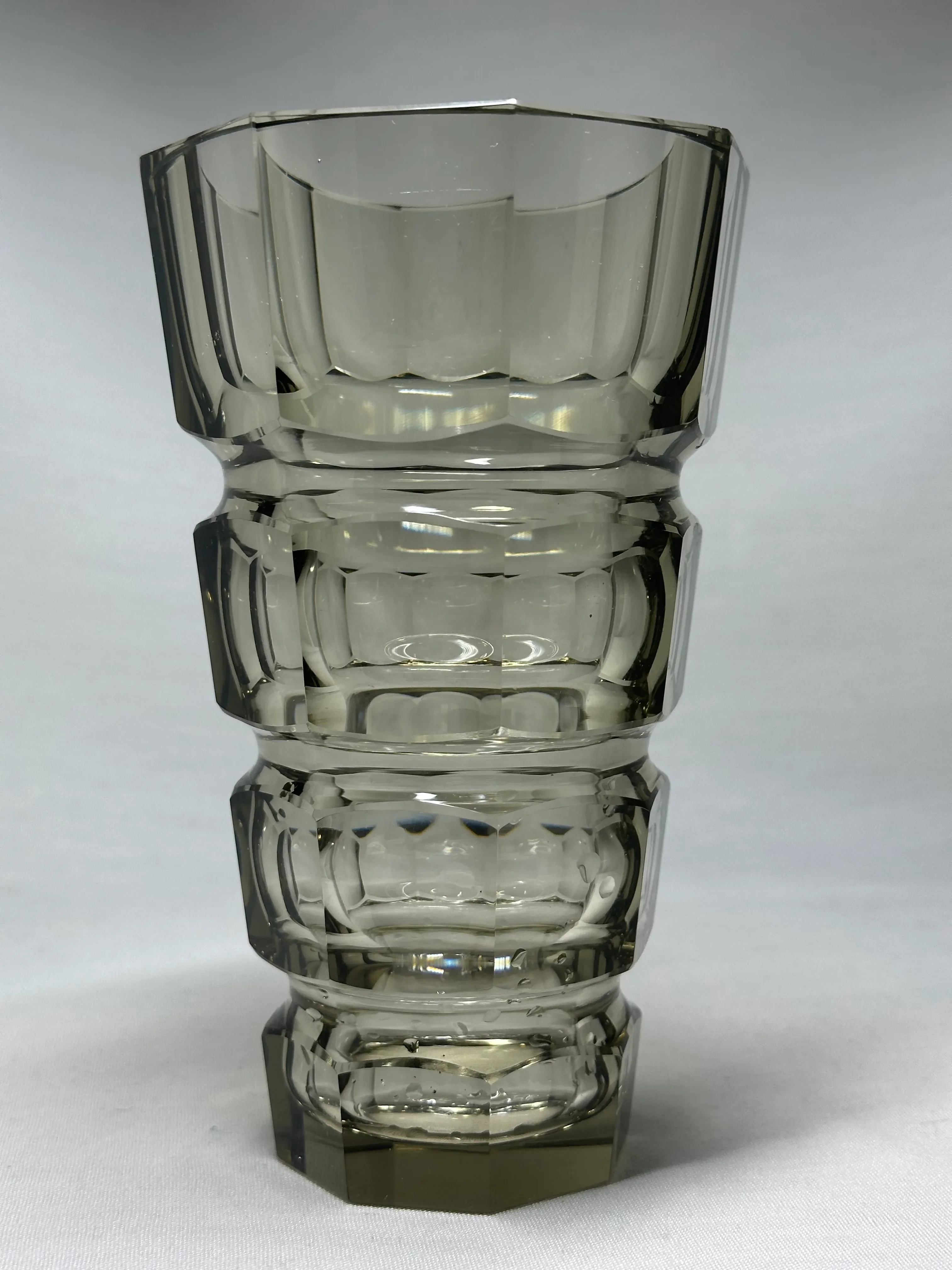 1930s Smokey Topaz Art Deco Geometric Prism Glass Vase