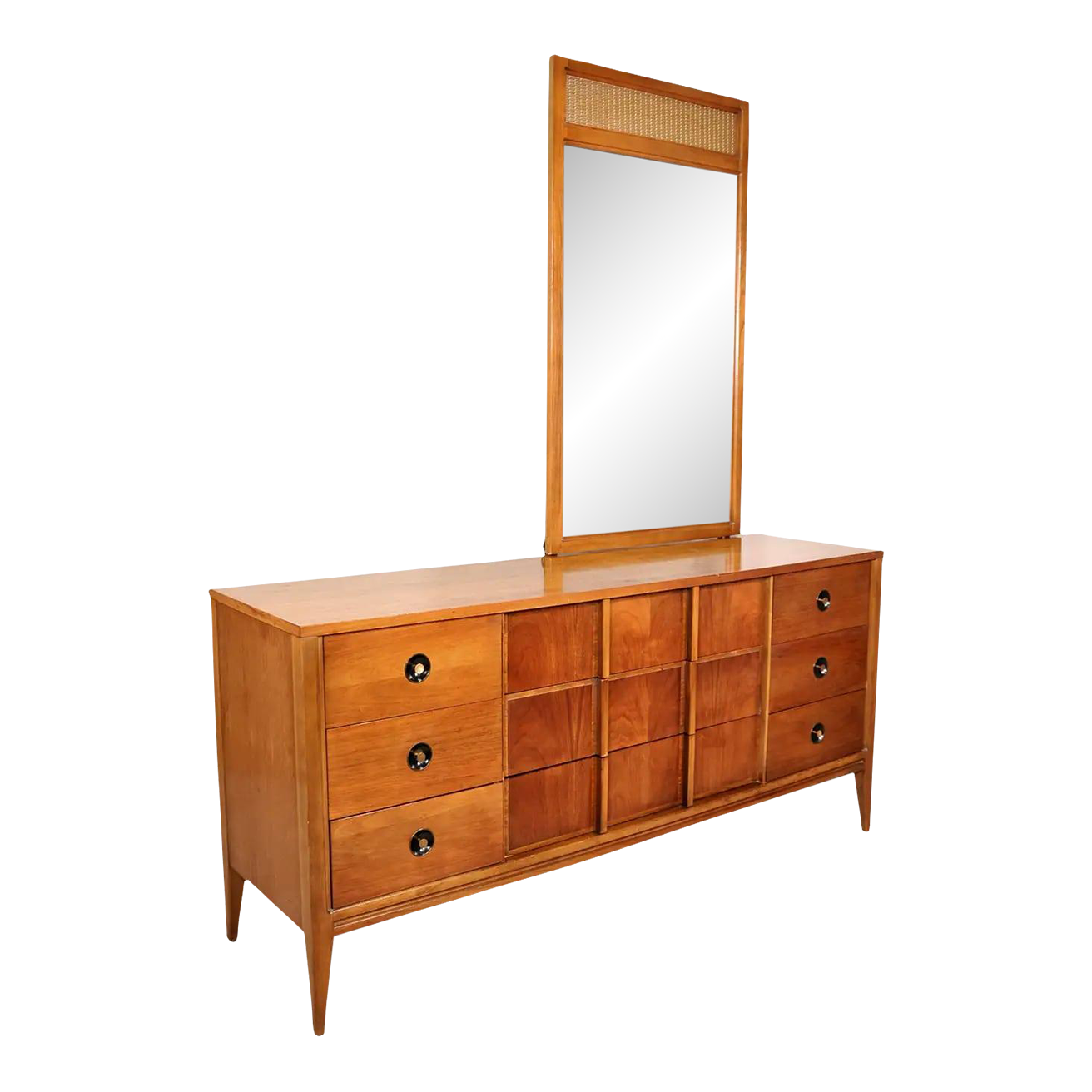 Walnut Triple Dresser and Mirror MidCentury Bedroom Set by Stanley