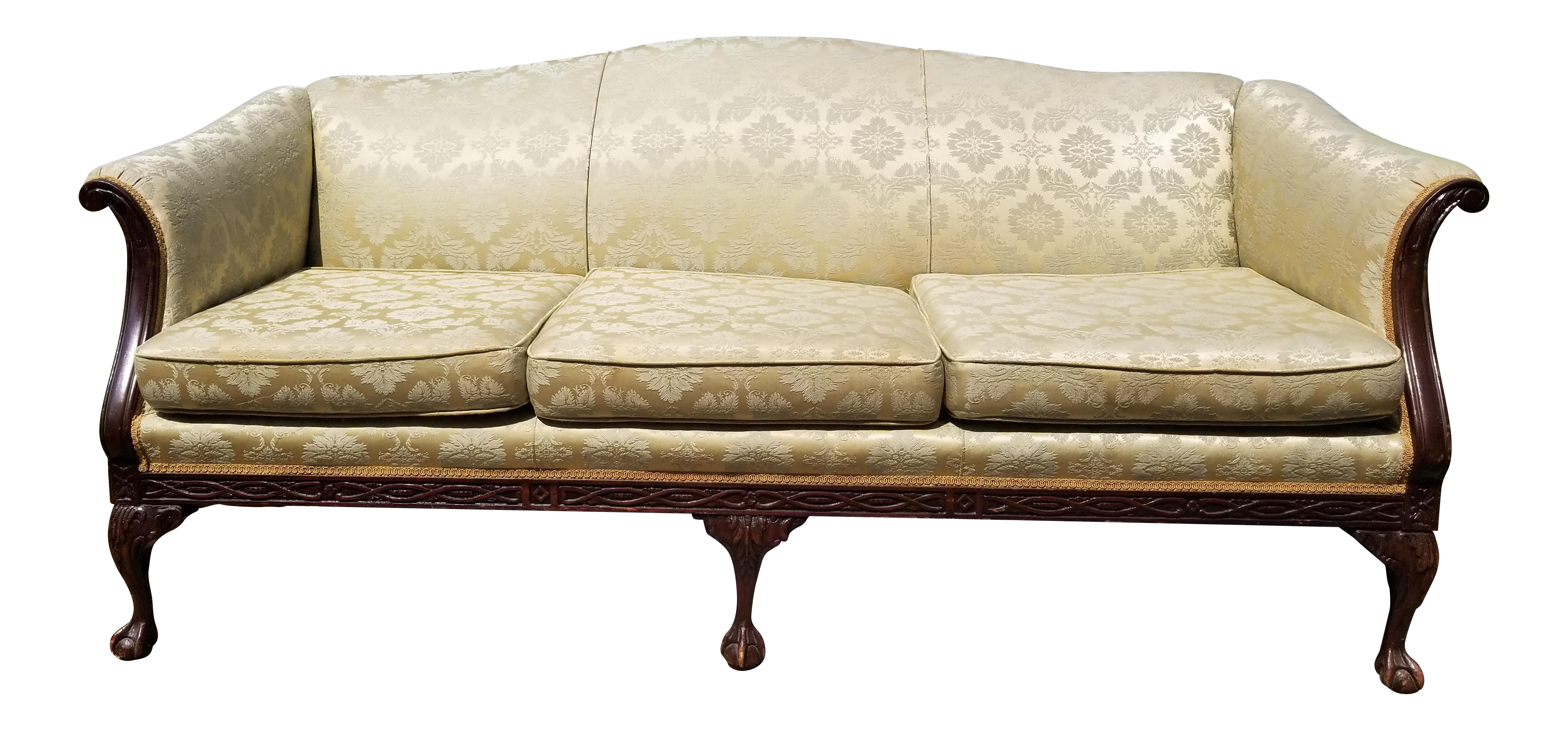 Antique Green And Gold Damask Brocade Carved Wood Sofa Vintage