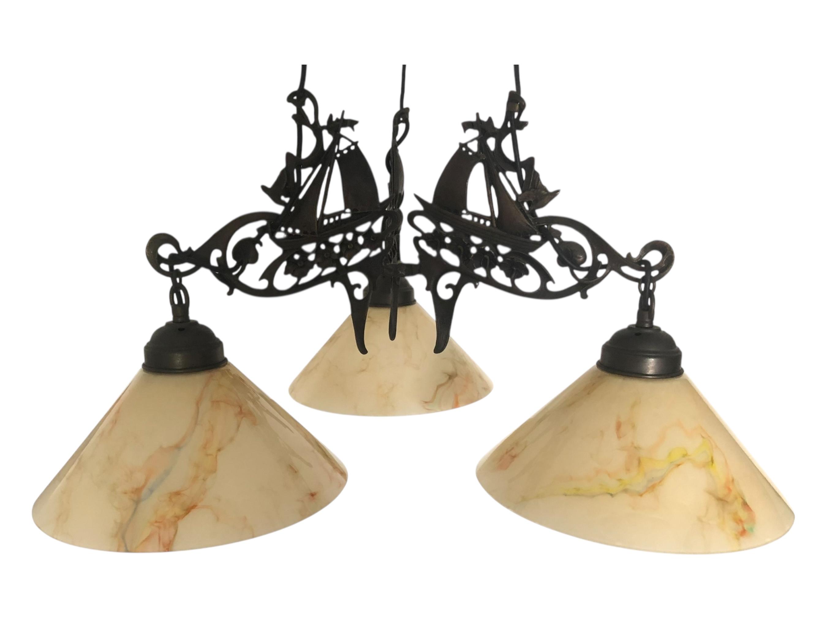 Vintage Nautical Cast Iron Chandelier With Opaline Glass Shades – 3 Lights