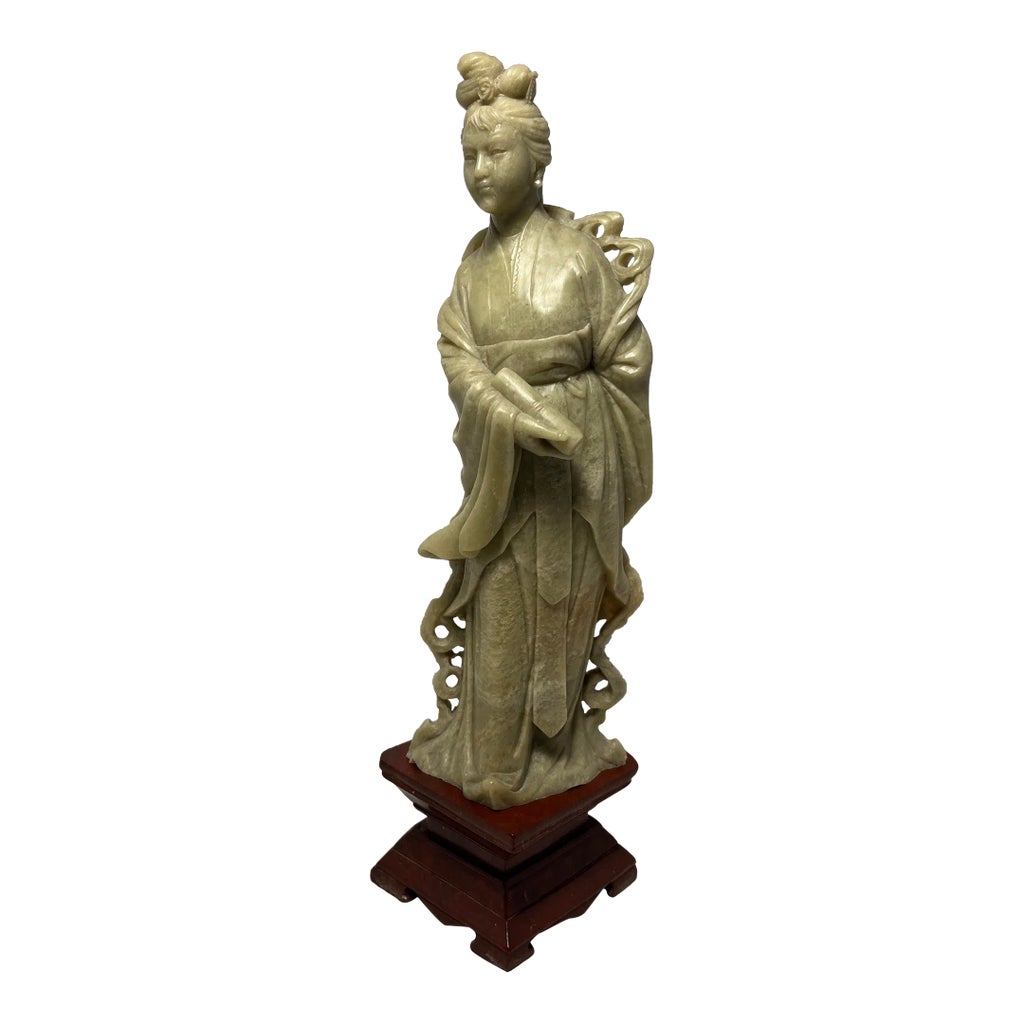 Vintage Hand Carved Chinese Green Soapstone Statue Stone Base