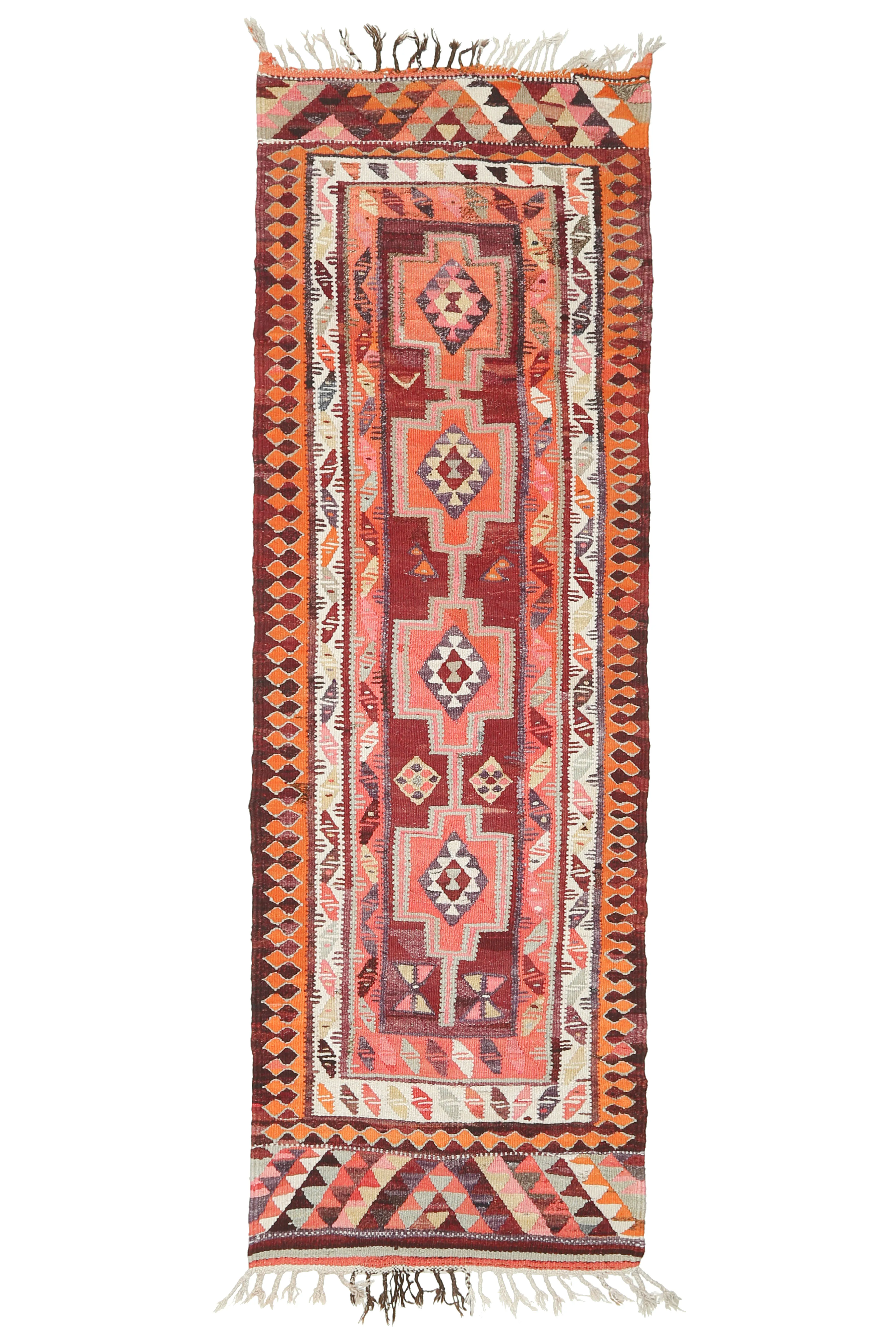1970s Vintage Turkish Hand-Knotted Wool Cotton Pink Runner Rug