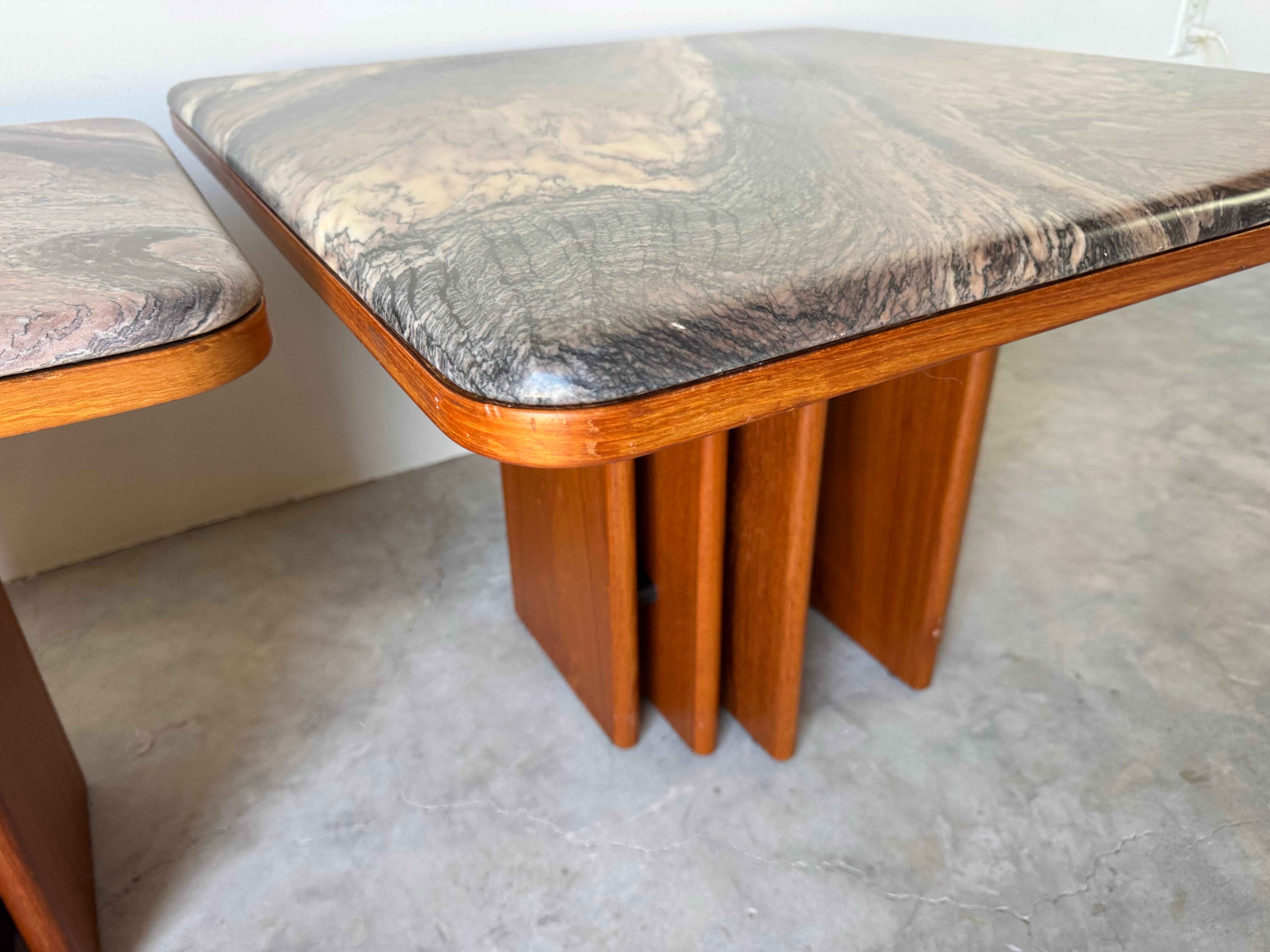 Pair of Mid Century Danish Modern Marble & Teak Side/Coffee Tables