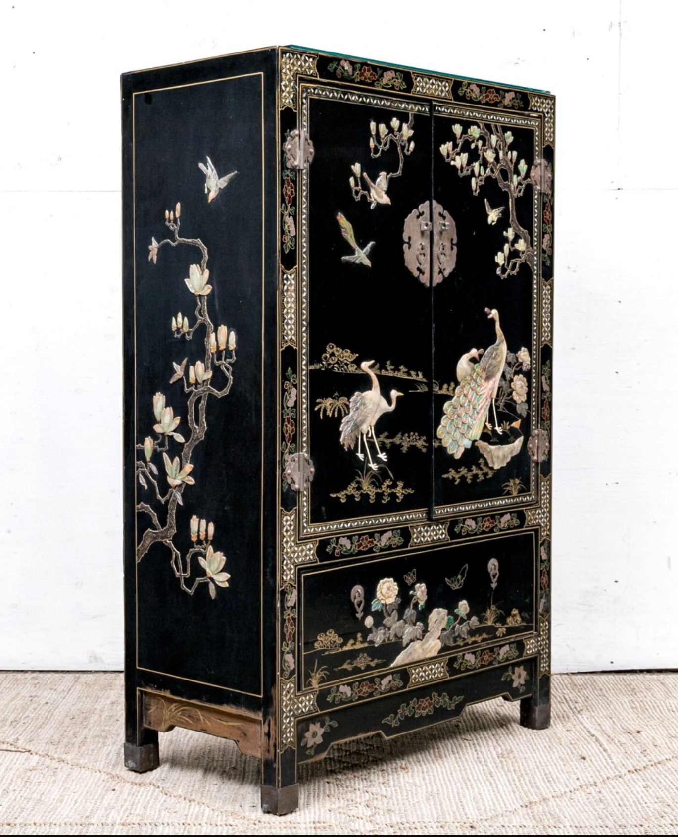 Chinese Black Lacquer Cabinet With Carved Hardstone and