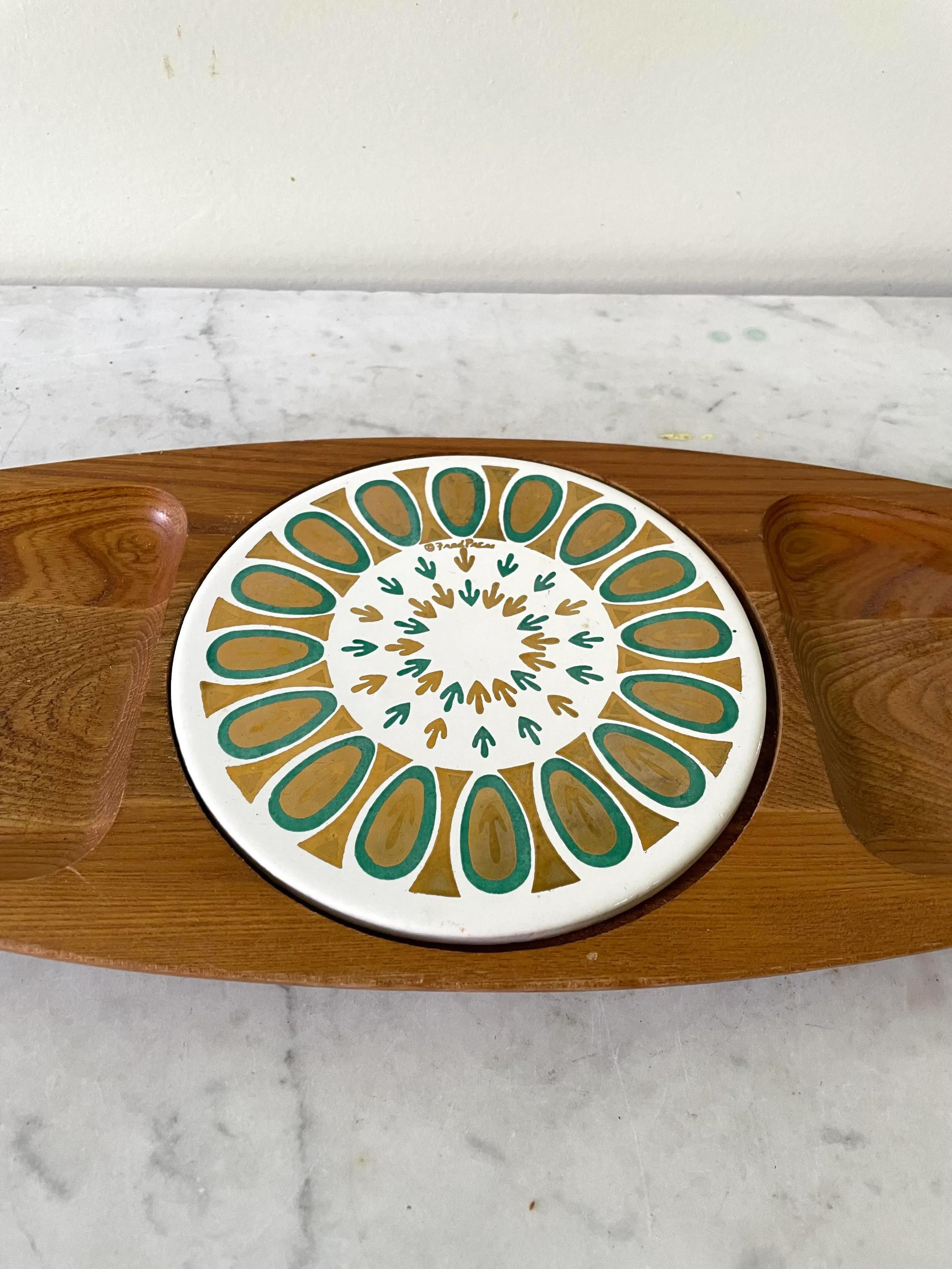 Vintage Fred Press Serving Tray With Trivet - Hand Carved Sere Wood, Japan