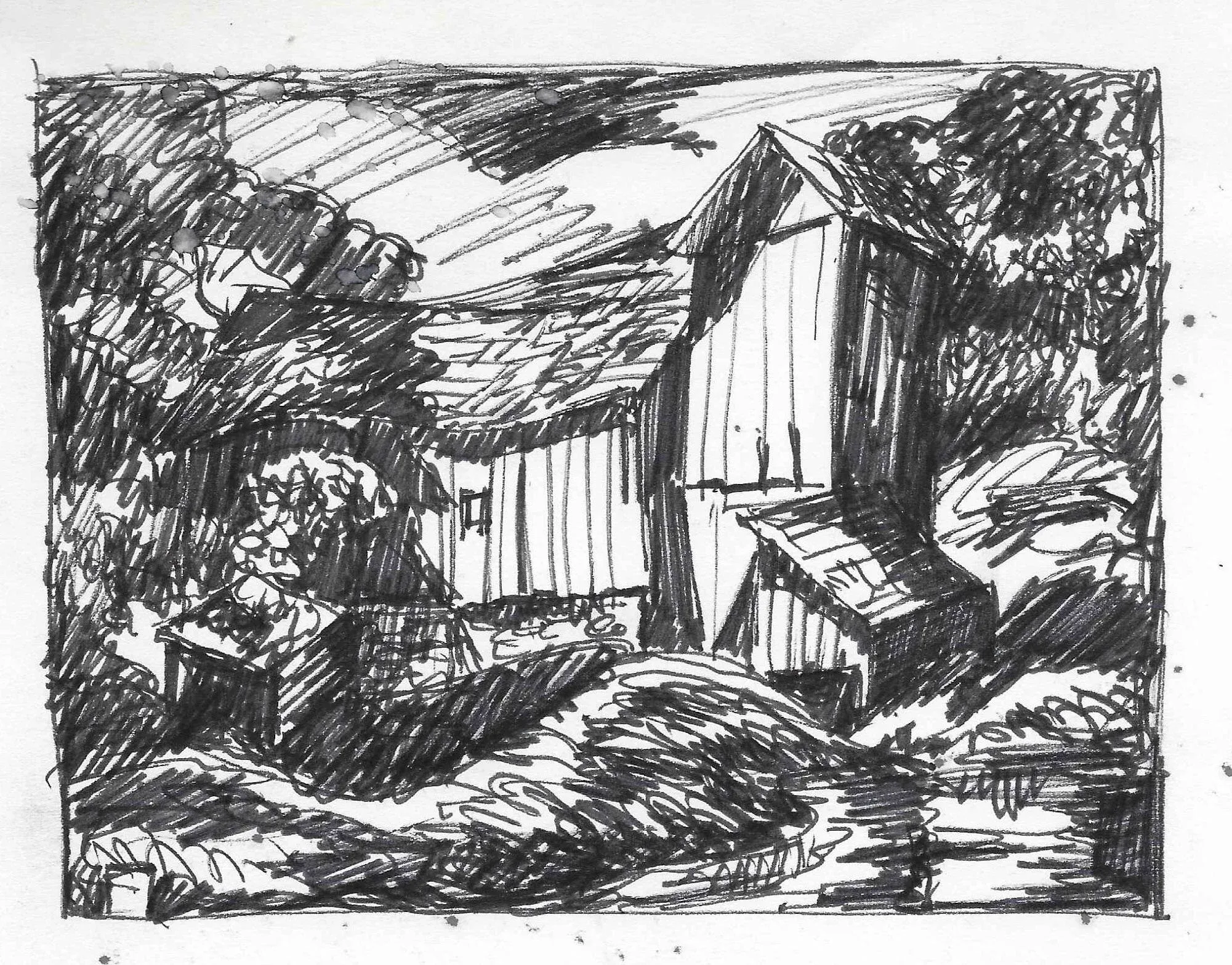 1950s Norman Kent Landscape Drawing With Barn