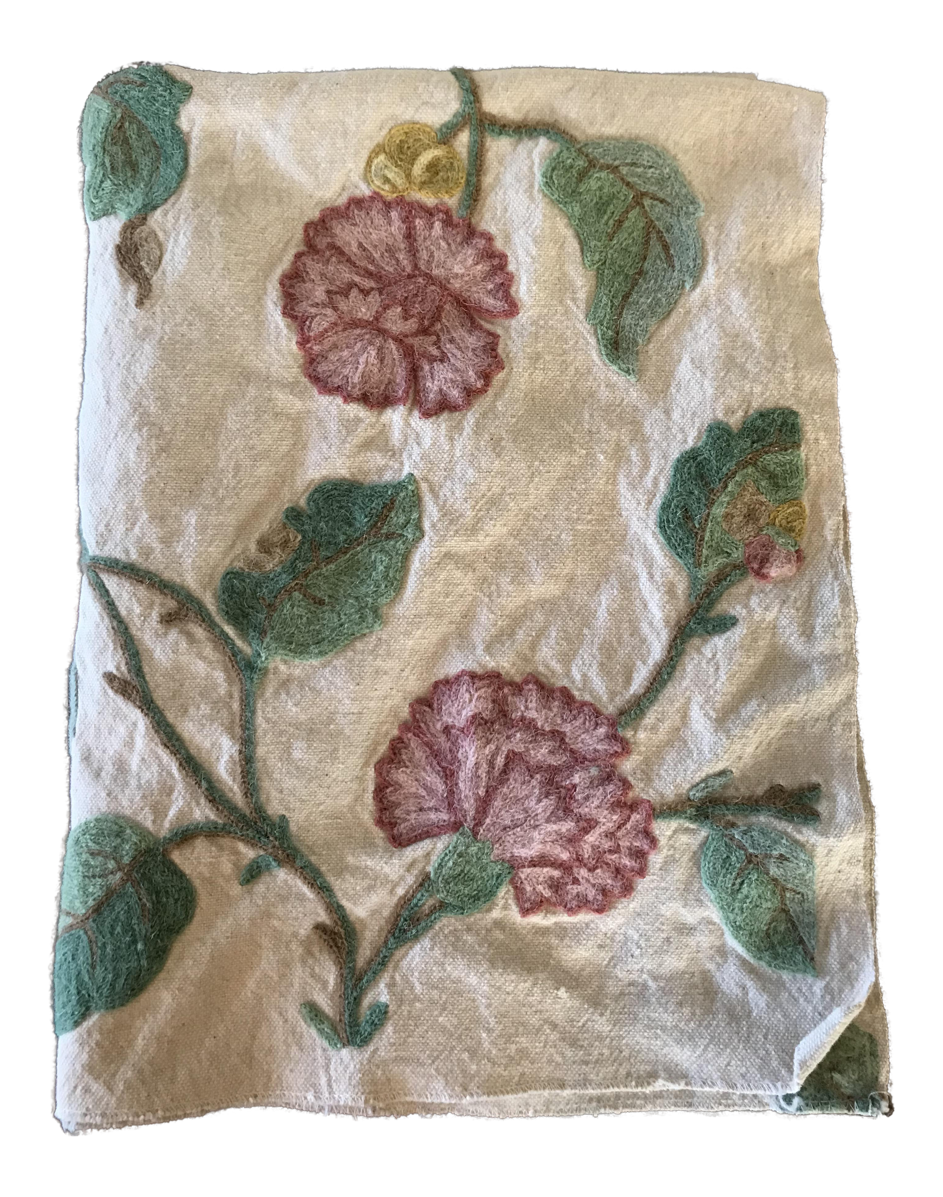 Crewel Embroidered Pink Green Floral Fabric Chairish