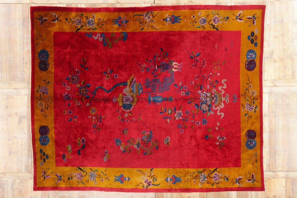Antique Red Chinese Art Deco Rug, 08'11 X 11'01 | Chairish