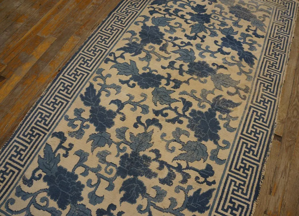 Lovely Tan Beige and Blue Cerulean Color With Florid Design Antique Japanese Rug
