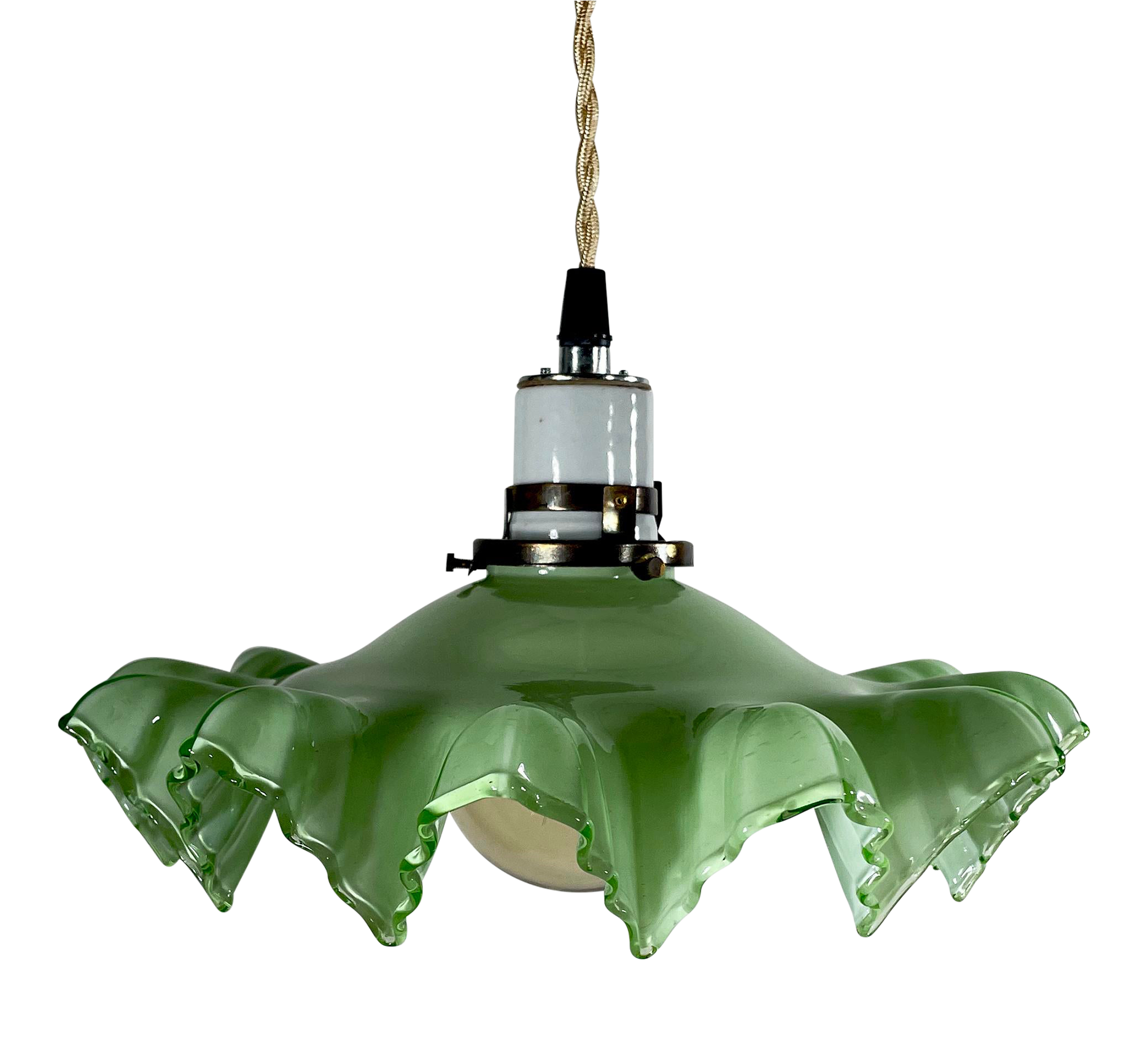 Green Pendant Light With Antique French Handkerchief Glass Featuring