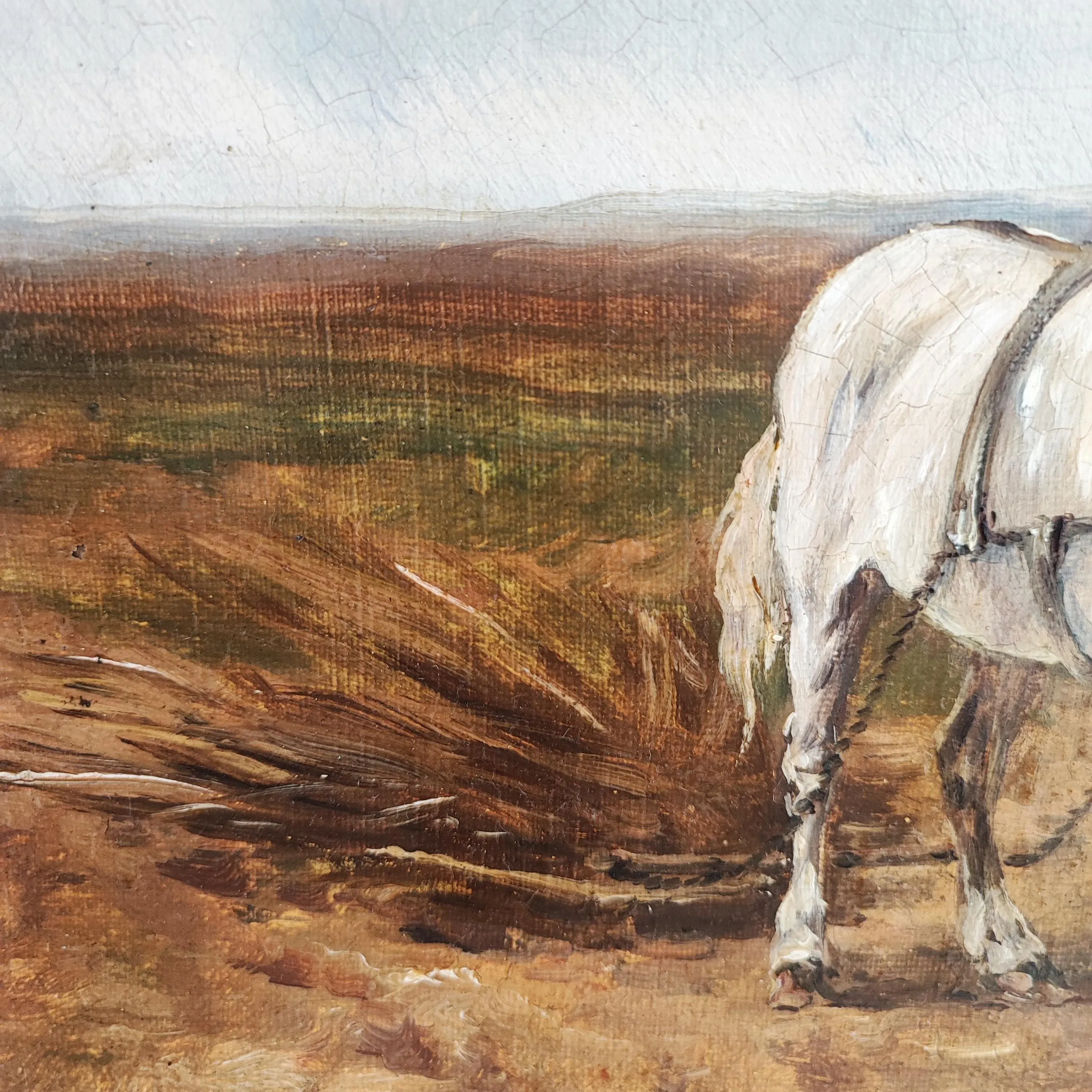 Léon Georges Calves, Femme au champ préparant un cheval de trait, Oil on Canvas