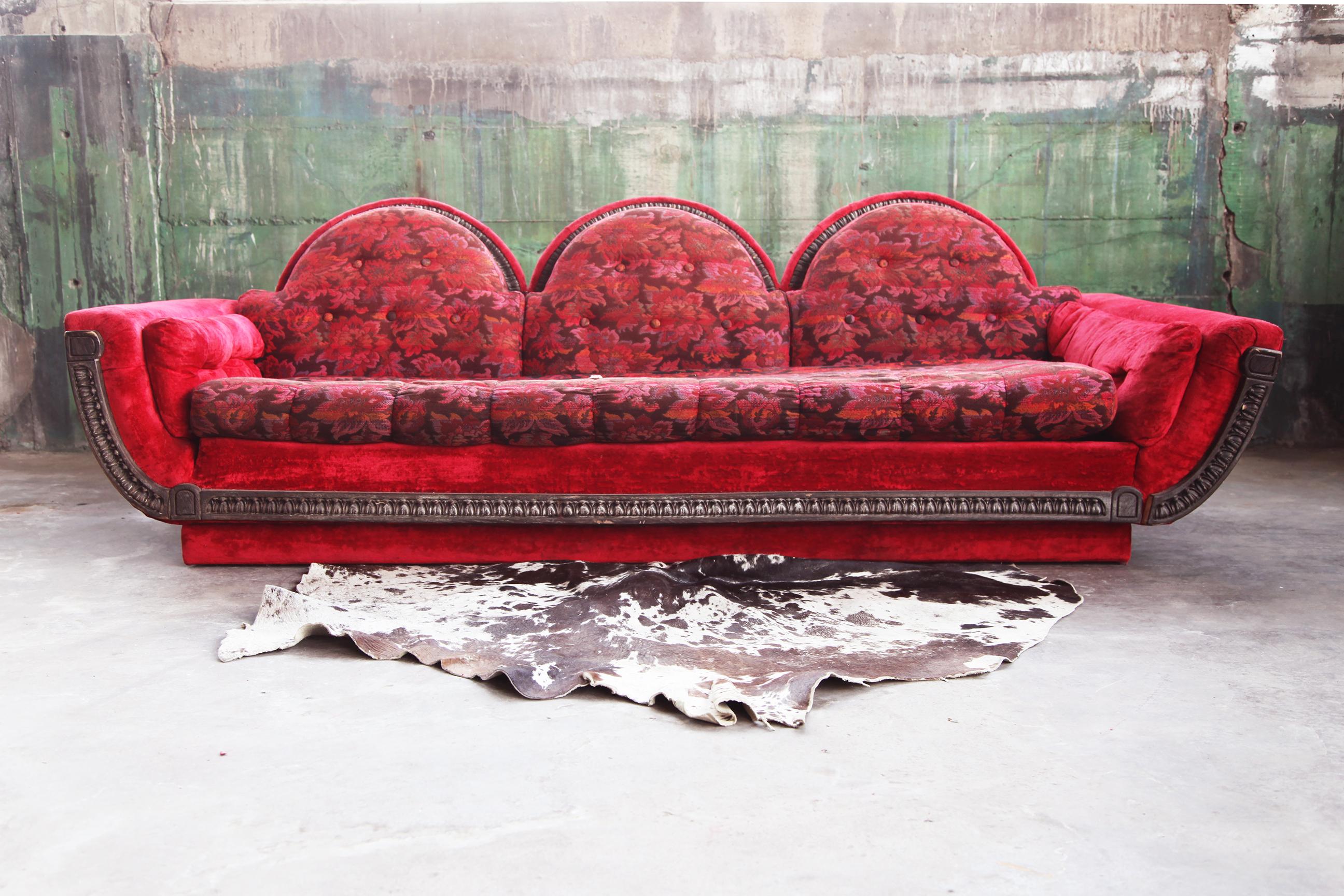1970s Mid Century Modern Red Velvet Three Seater Plinth Base Sofa
