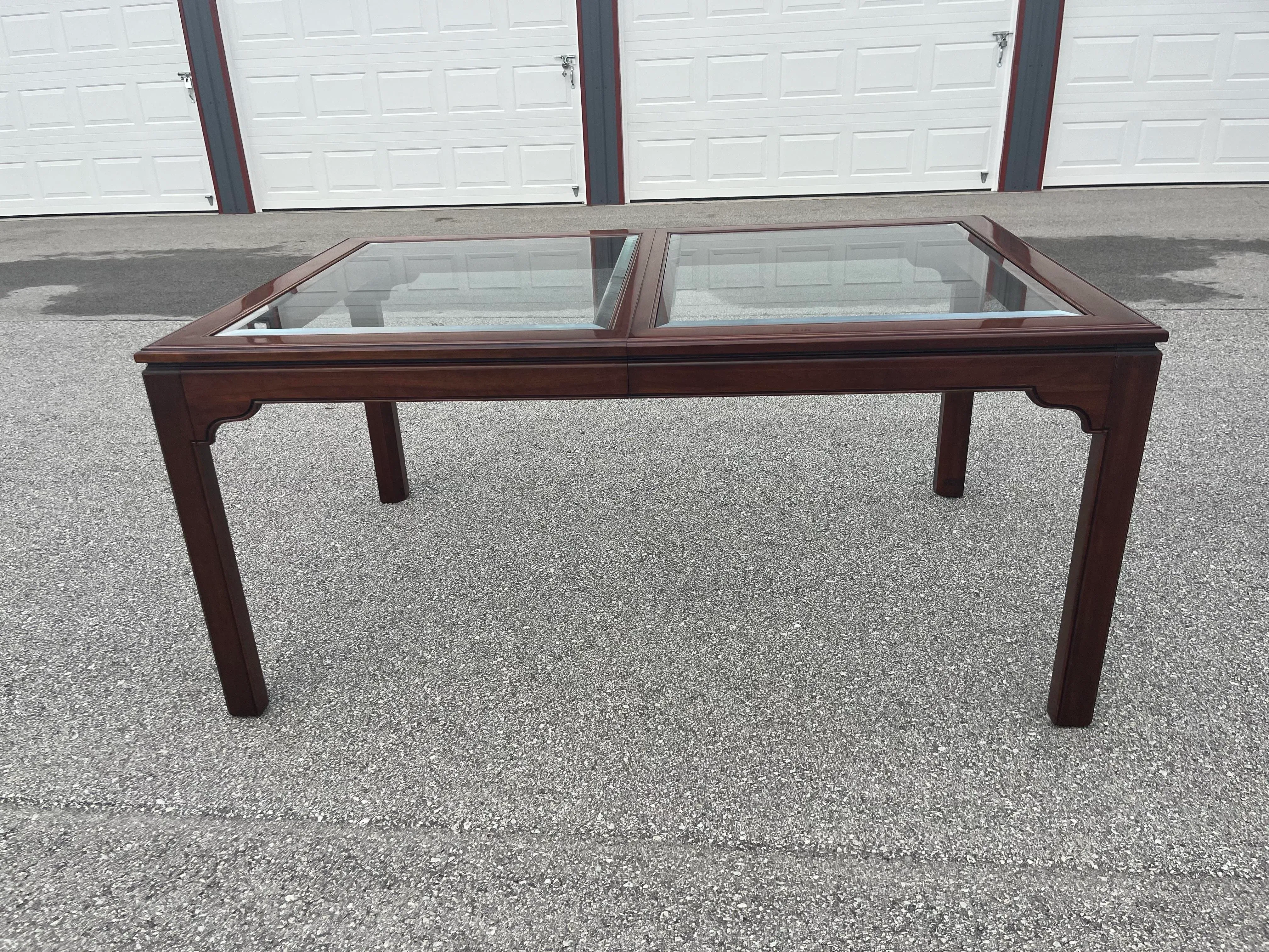 Ethan Allen Canova Dining Room Table With Leaf Glass Cherry Wood | Chairish, image size:4032x3024