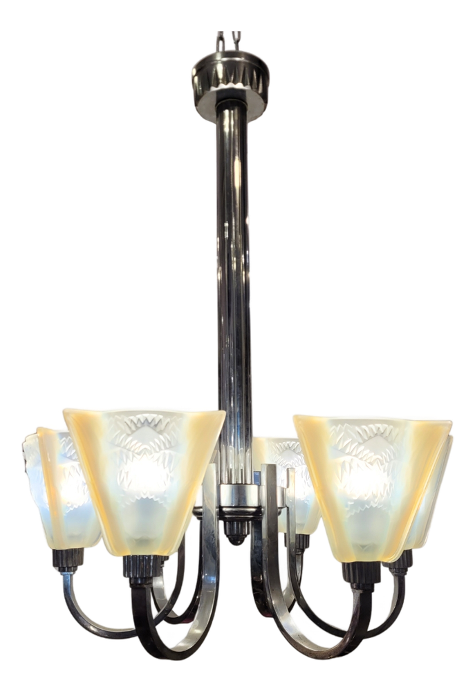 Pendant Light in Glass and Nickel-Plated Metal from Atelier Petitot Paris, 1930s
