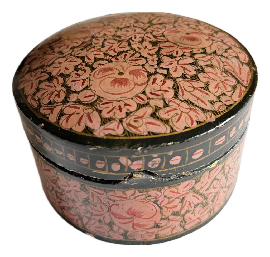 Vintage 1970s Kashmiri Papier Mâché Floral Trinket Box Black Pink