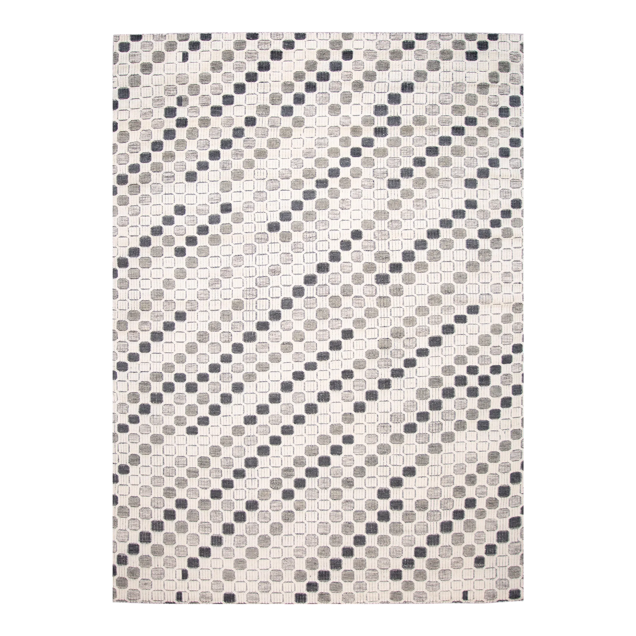 2010s Ivory Modern Textured High Low Wool Rug With Allover Geometric Design