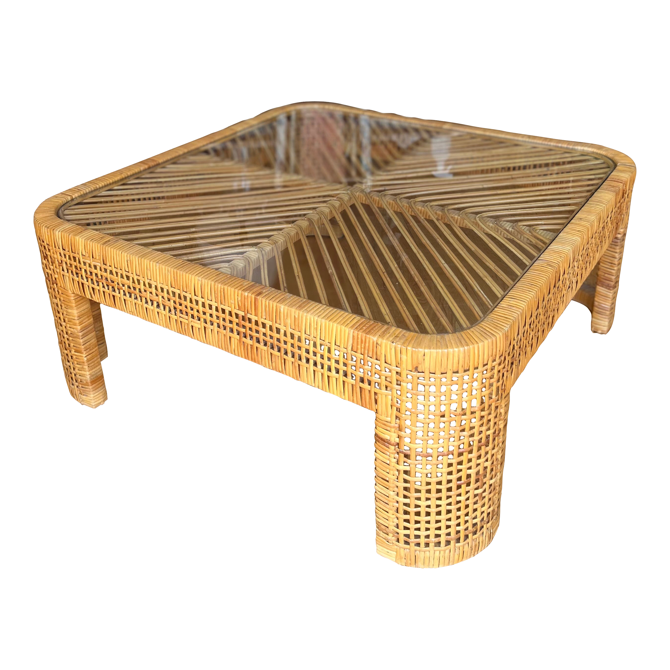 1970s Vintage Rattan and Bamboo Coffee Table With Glass Top and
