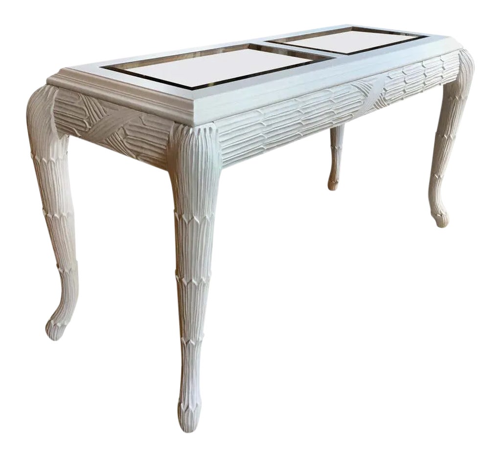 Serge Roche Style Plaster White Palm Carved Console Table | Chairish
