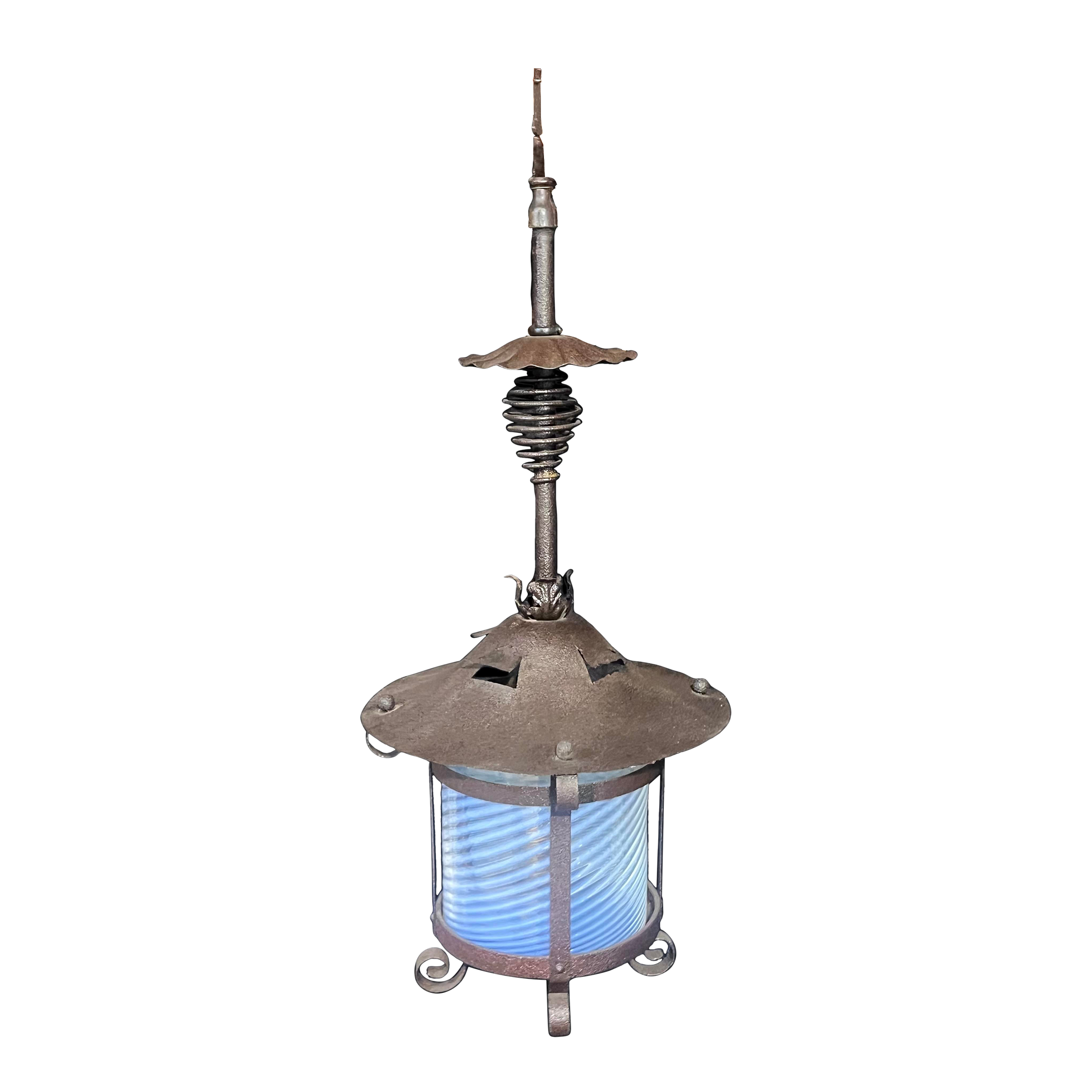 Late 19th Century Dark Cast Iron Pendant Light With Light Blue Shade
