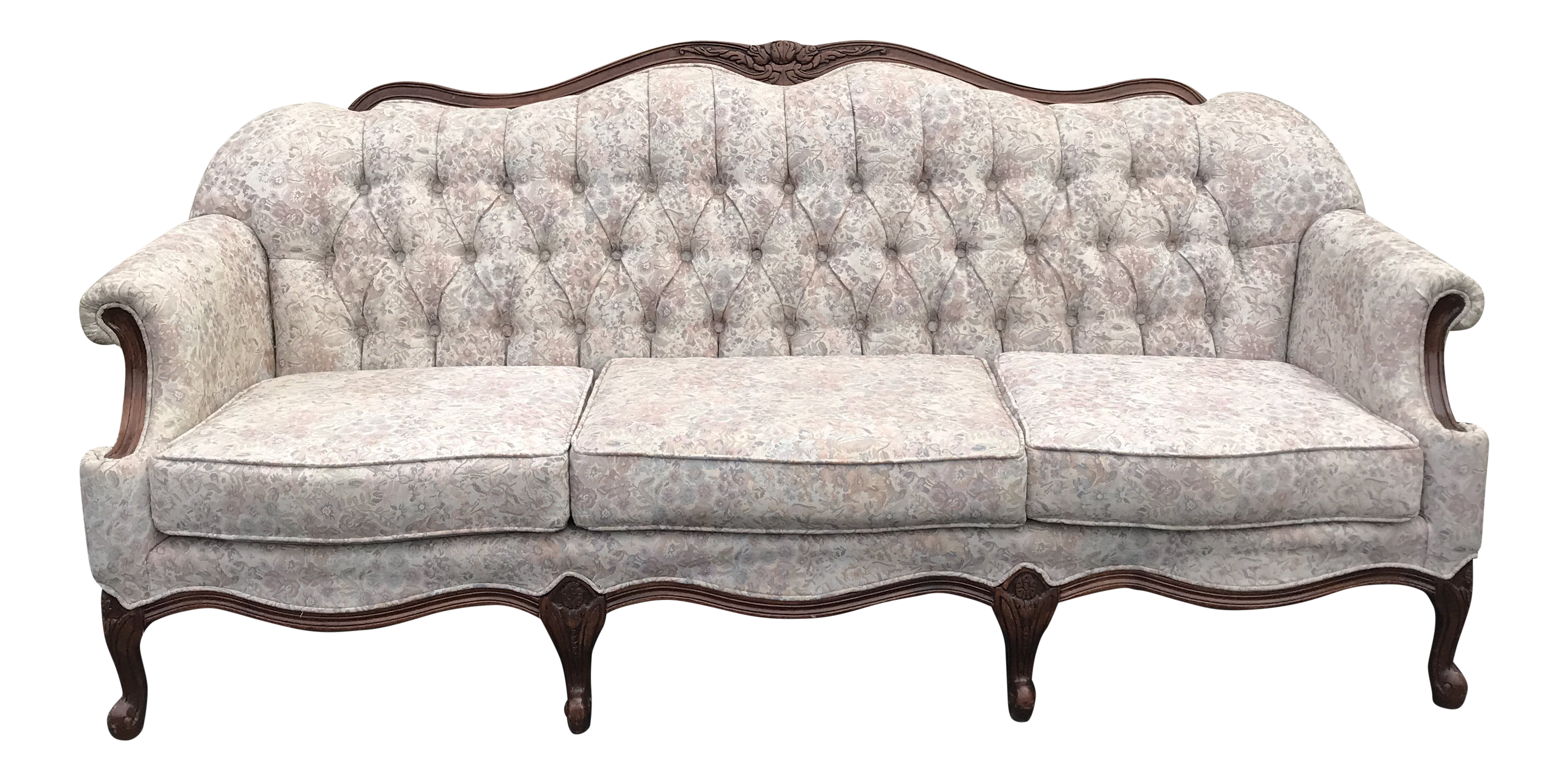 1990s Replica Queen Anne Tufted Linen And Walnut Sofa Chairish