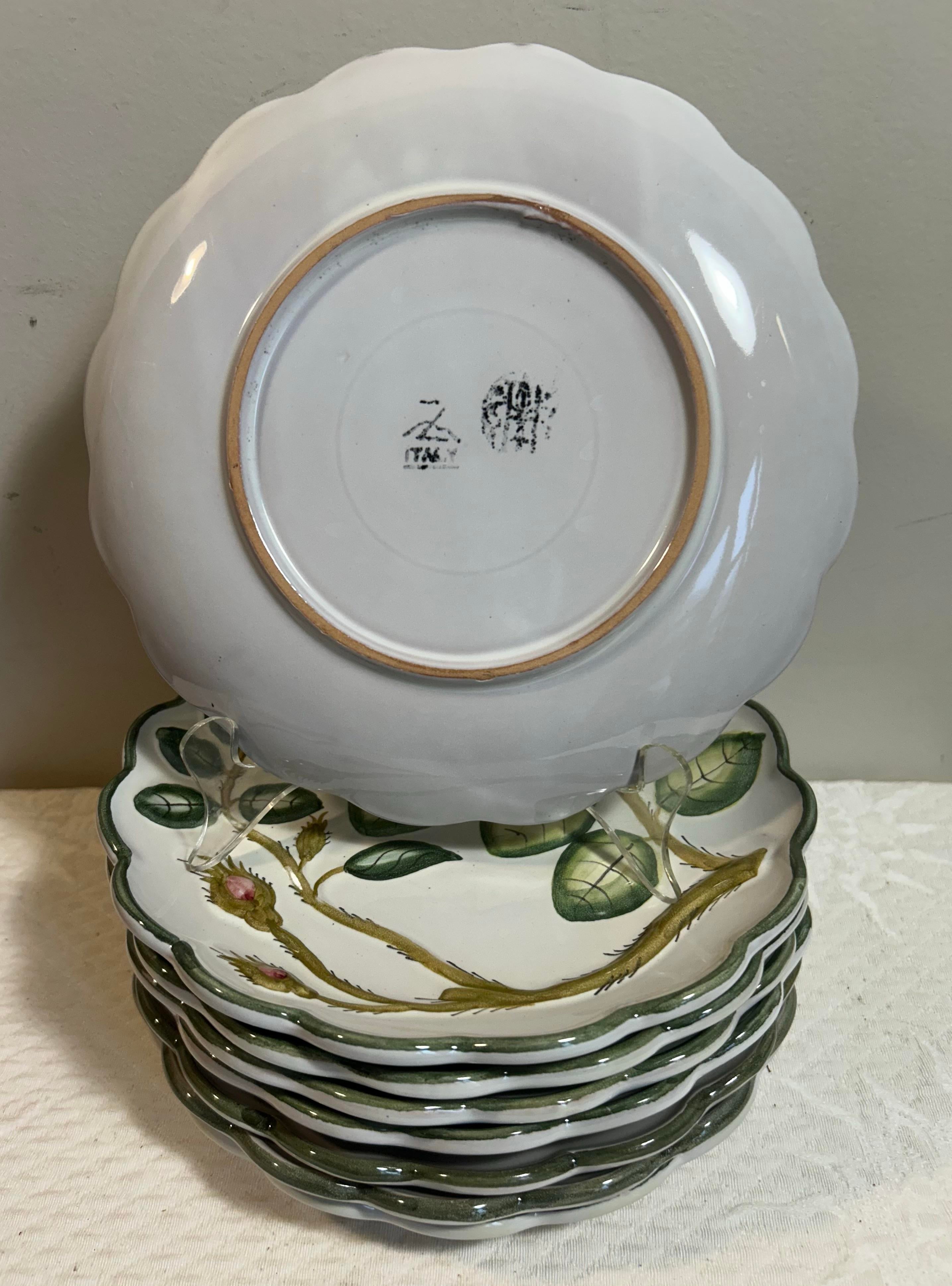 Vintage Set of 8 Scalloped Edge 8” Salad Plates Handpainted Olive