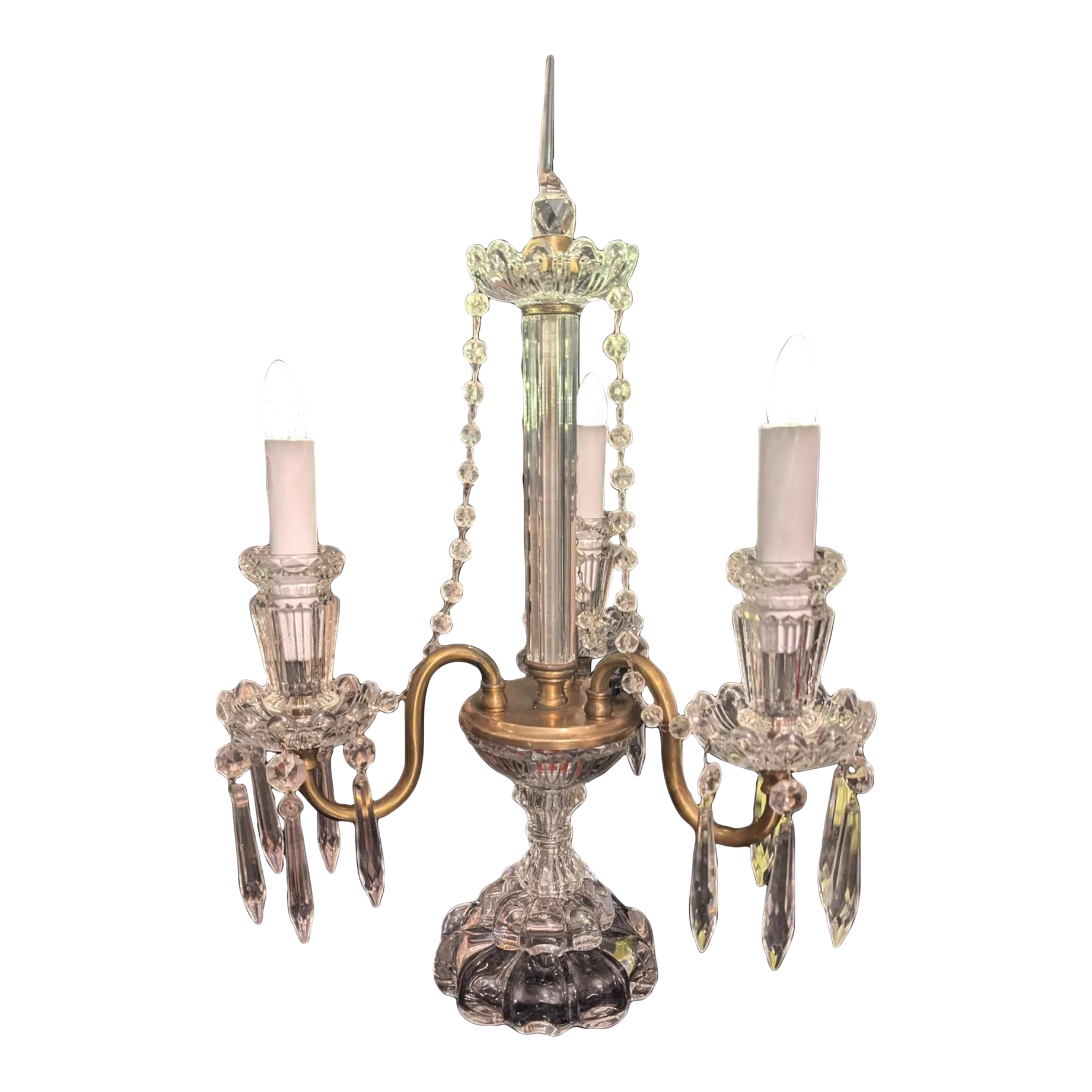 Girandole Table Lamp or Candelabra. 1940\'s Original Czechoslovakian Crystals With Bulbous Base, Rewired