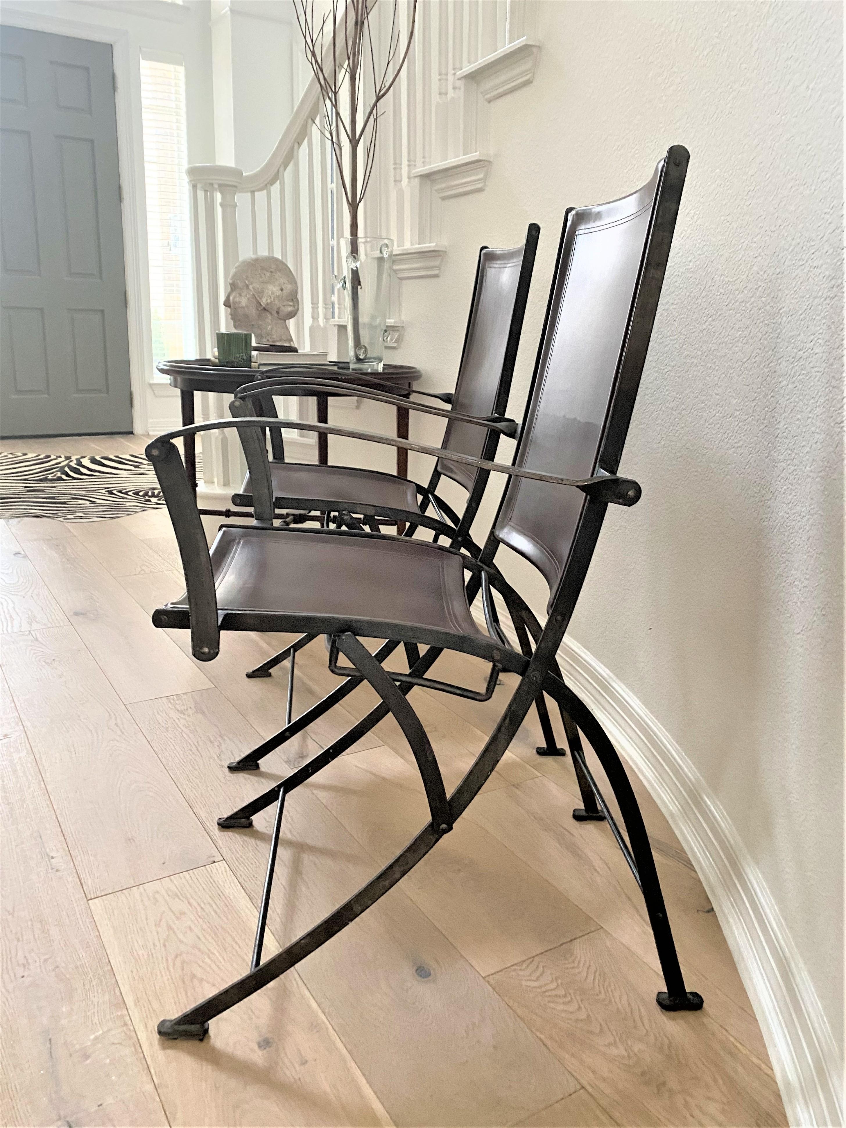 Vintage Modernist French Leather and Wrought Iron Folding Chairs a Pair