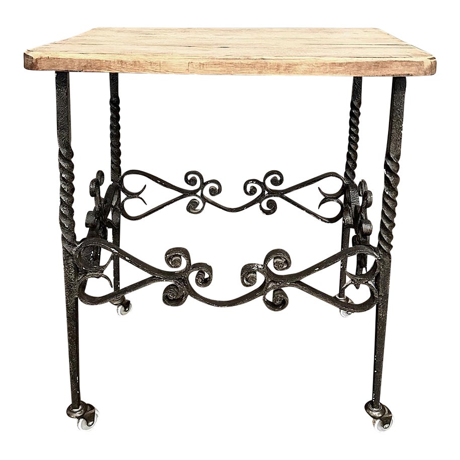 Antique Rustic Butcher Block Wrought Iron Dessert Table | Chairish