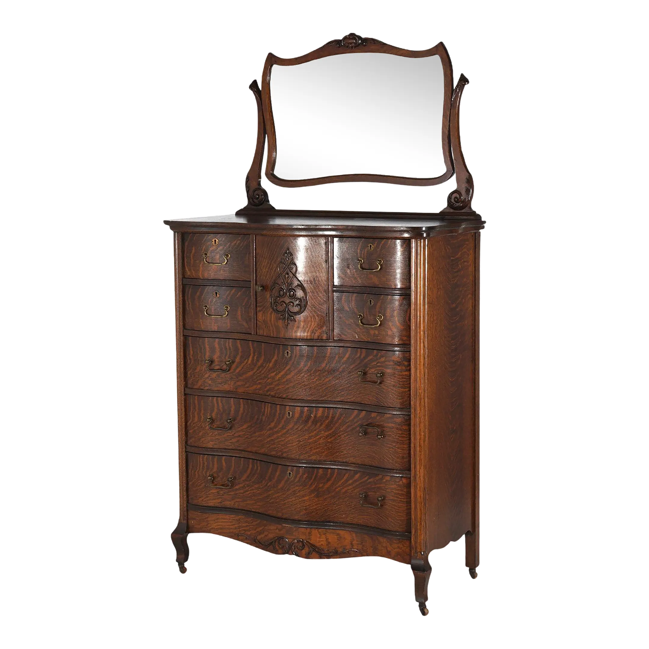 Antique Serpentine Oak Chiffonier Highboy Dresser with