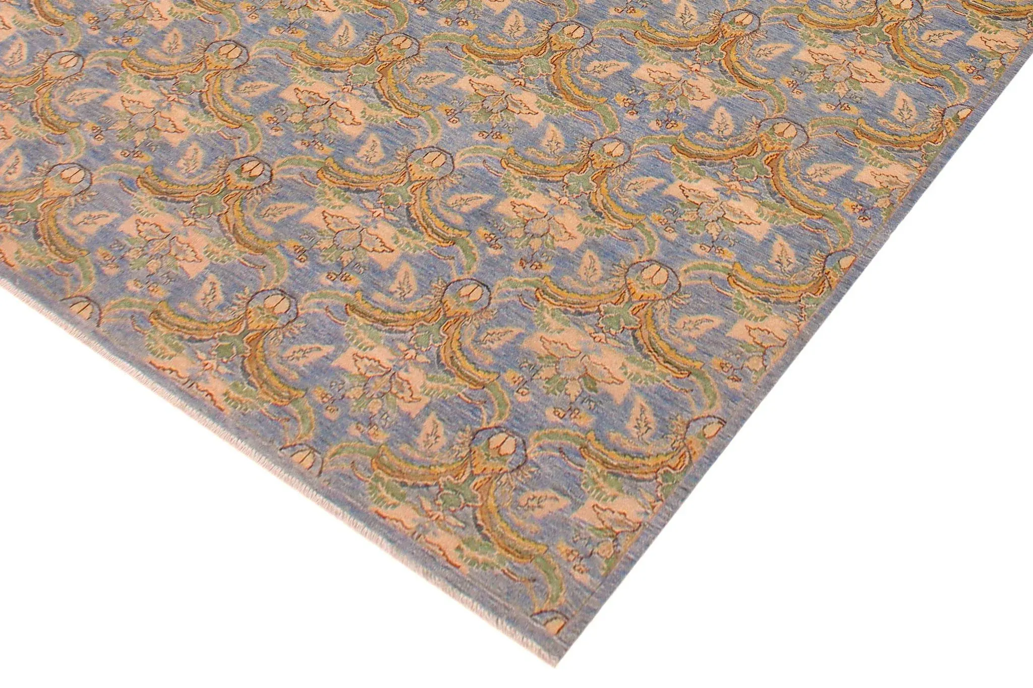 1990s Bohemien Ziegler Blue Gold Hand-Knotted Wool Rug - 8\'9\'\' X 11\'9\'\'