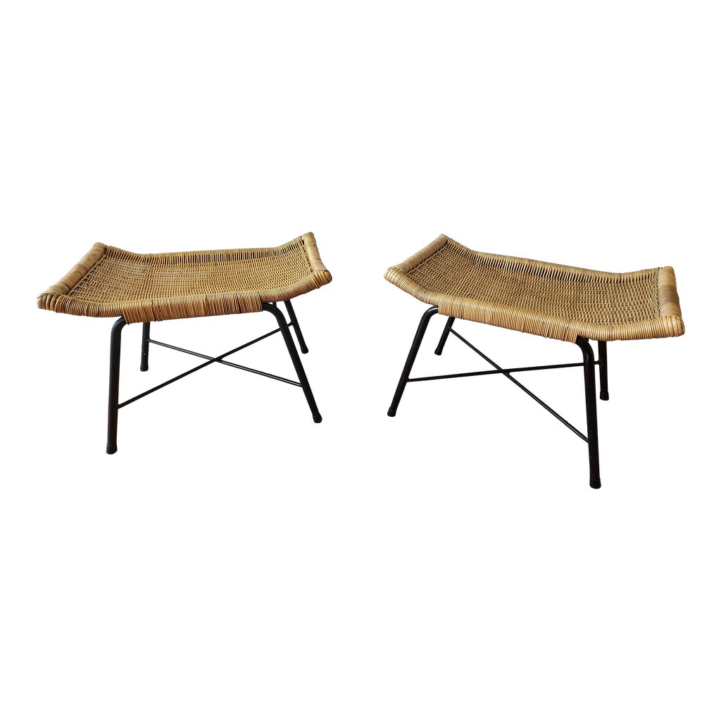 1960s Mid-Century Modern Rattan Stools Metal Bases- a Pair | Chairish