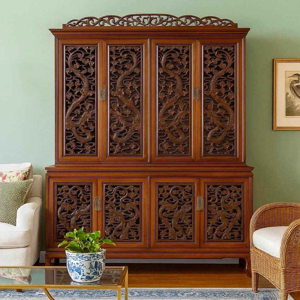 Vintage Rosewood China Cabinet - Hand Carved Fire Dragons, Asian