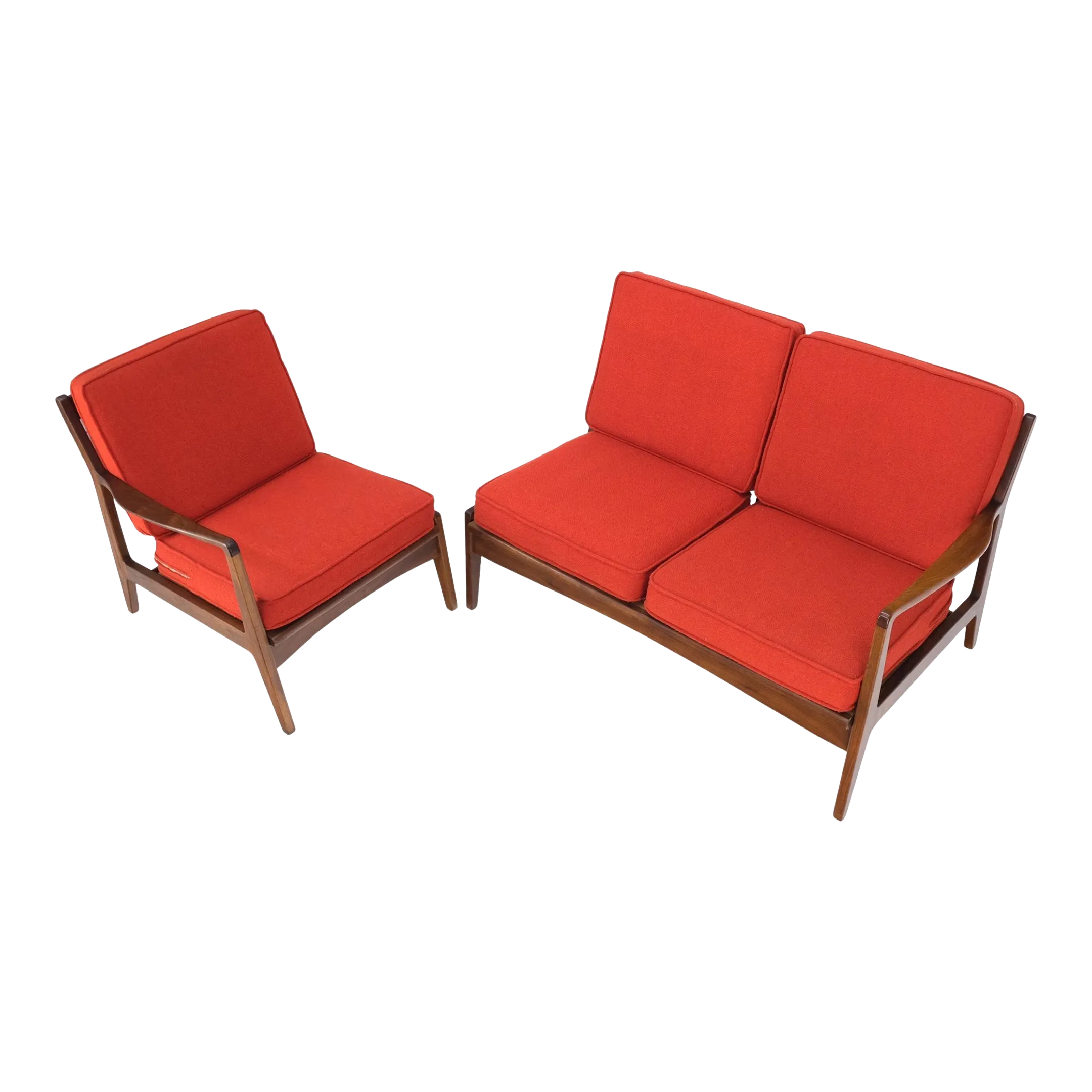Danish Mid Century Modern Walnut Lounge Chair Settee Loveseat Couch Sofa Set A Pair