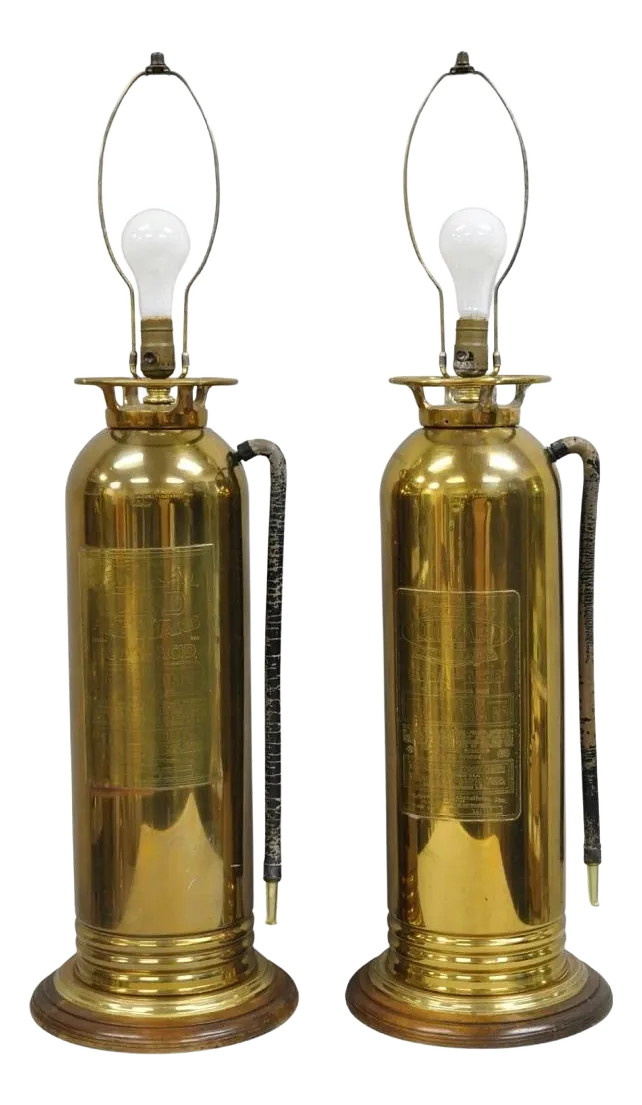 Antique Art Deco Brass Fire Extinguisher Converted Table Lamps - A Pair